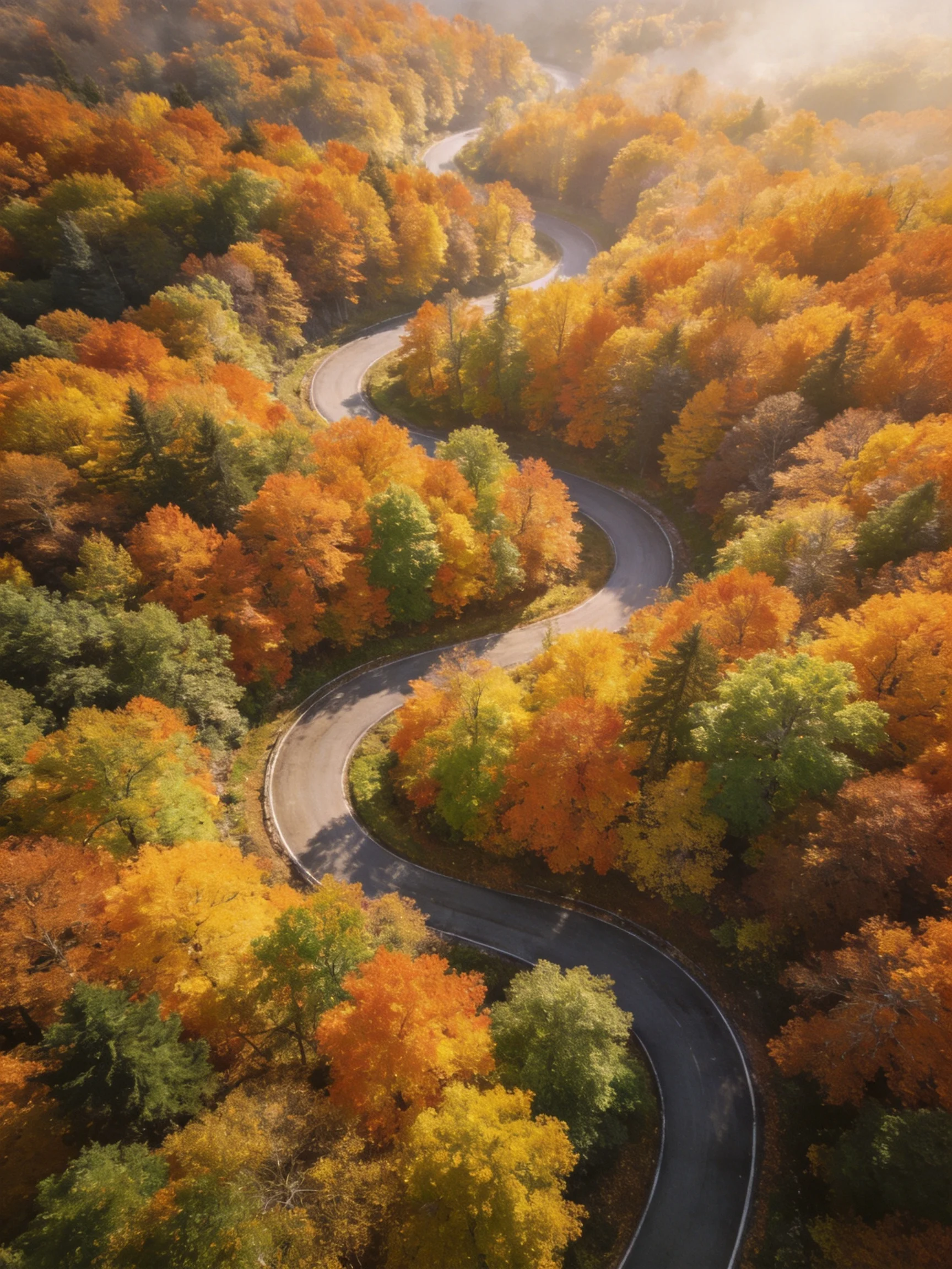 A winding road winds through a forest of colorful autumn trees