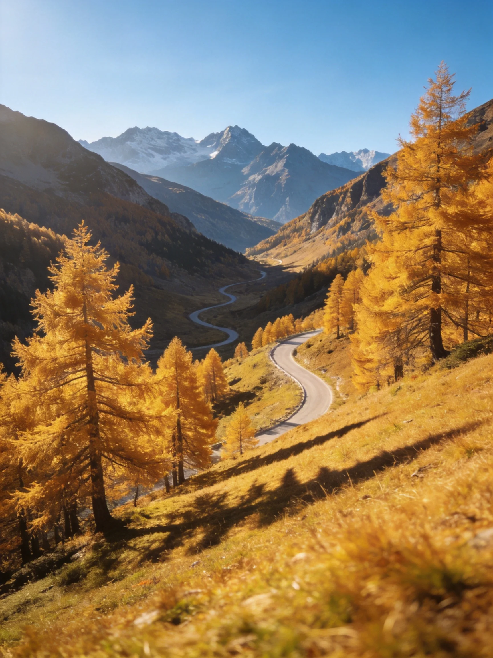 A winding road winds through an autumn valley lined with golden larch trees and framed