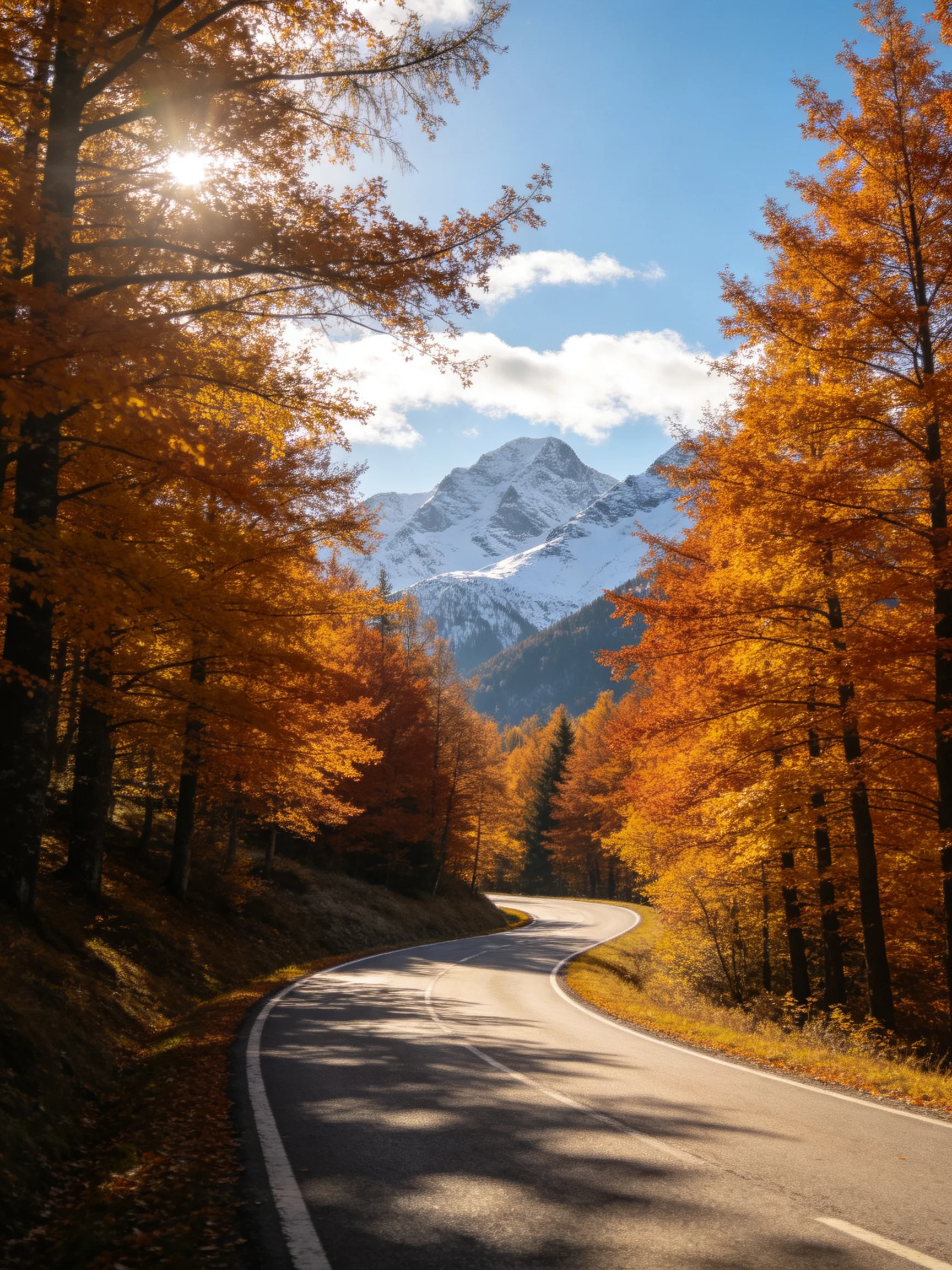 A winding road winds through golden autumn trees toward snow - capped mountains