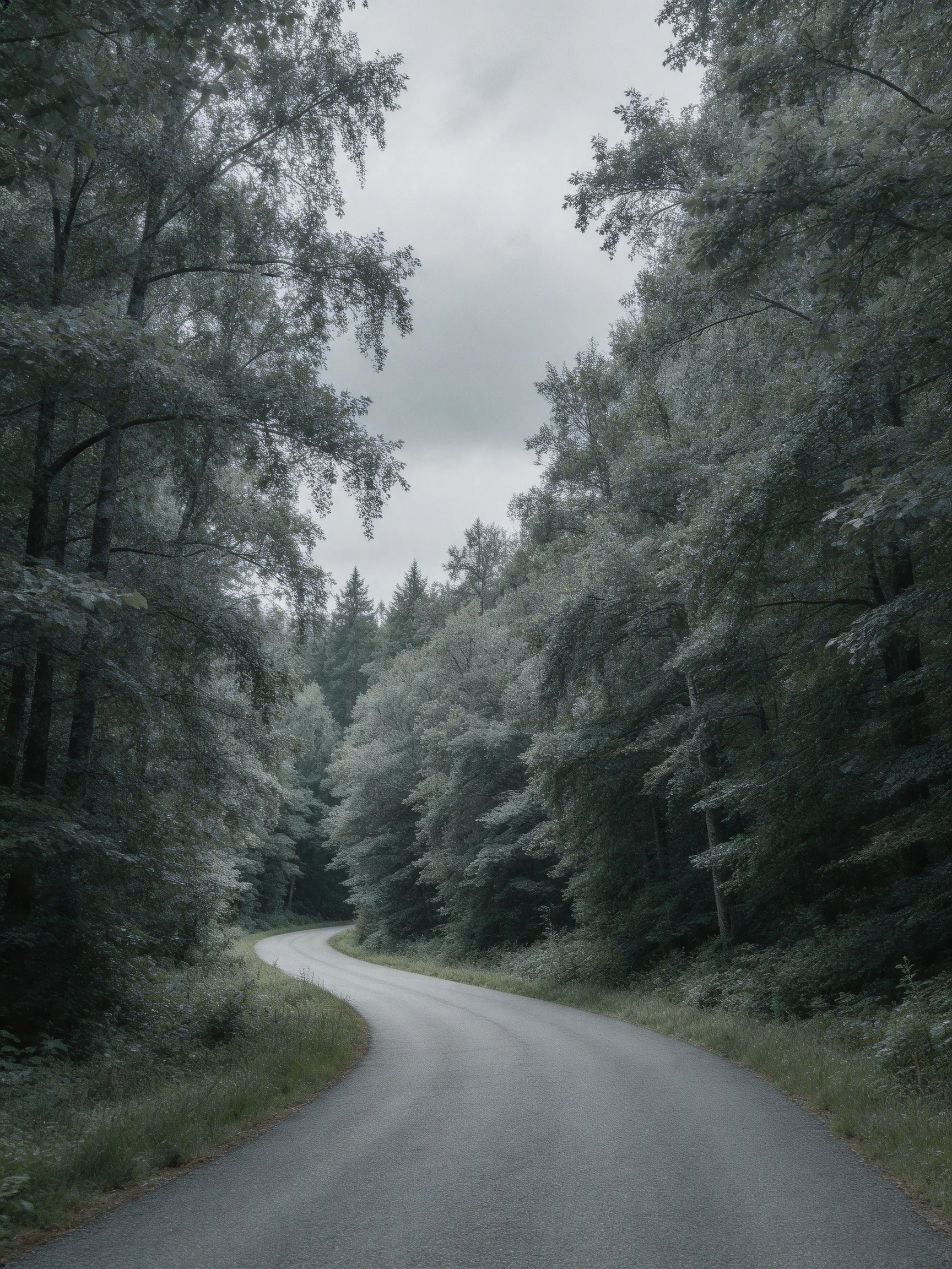 A winding road winds through thick green forests under a gray, overcast sky.