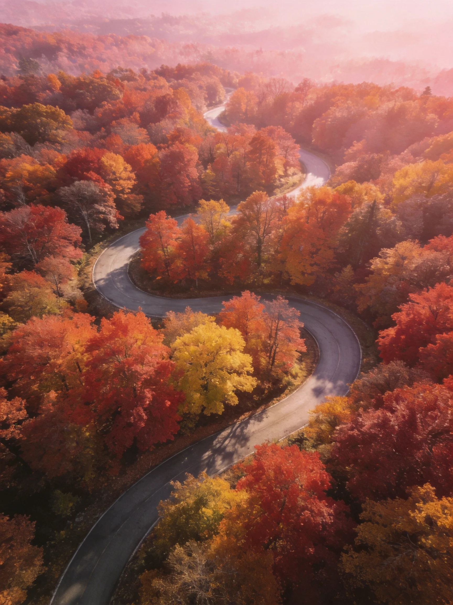 A winding road winds through vibrant autumn forests with red, orange, yellow foliage