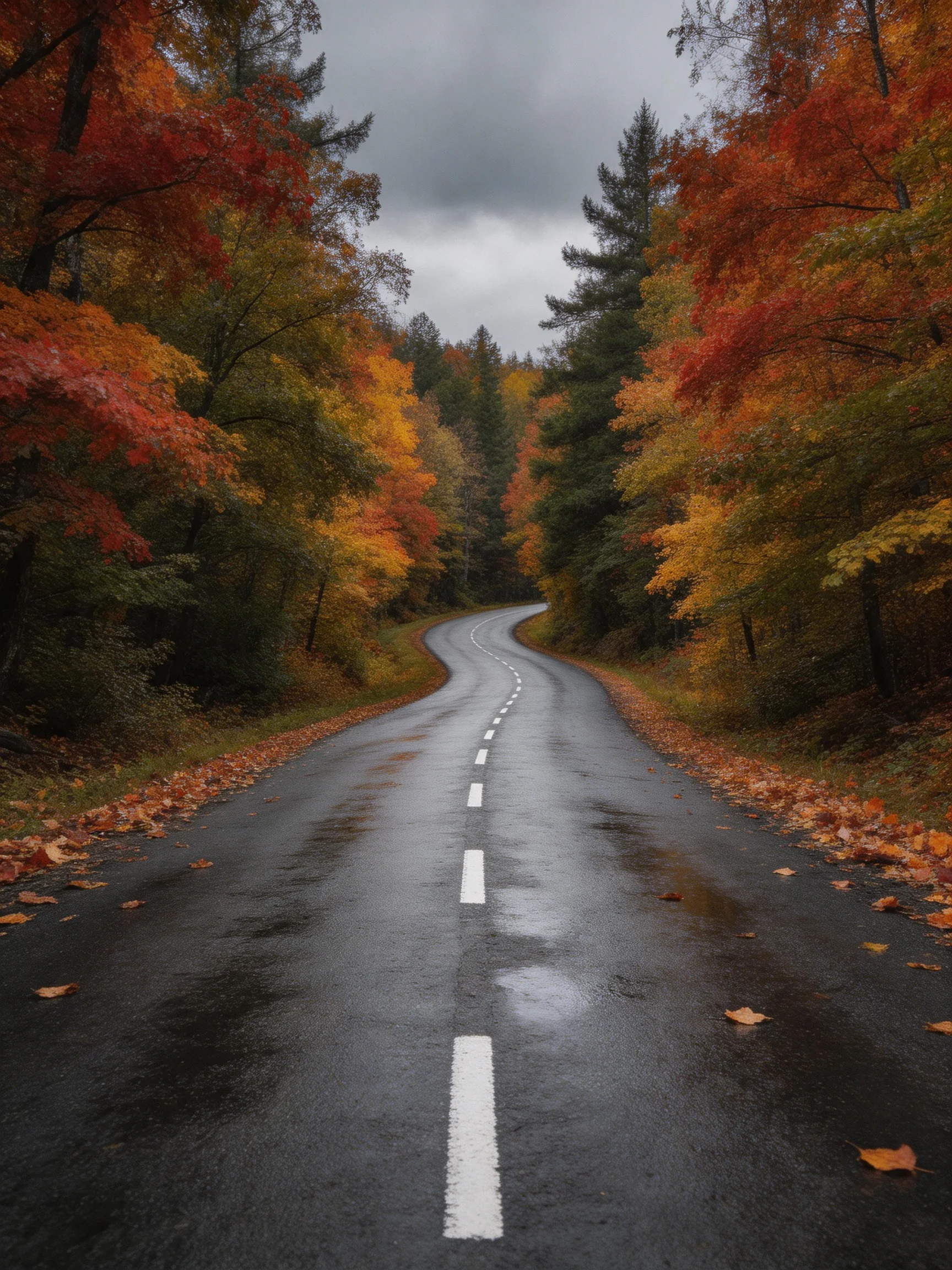 A winding road with vibrant autumn foliage along wet pavement