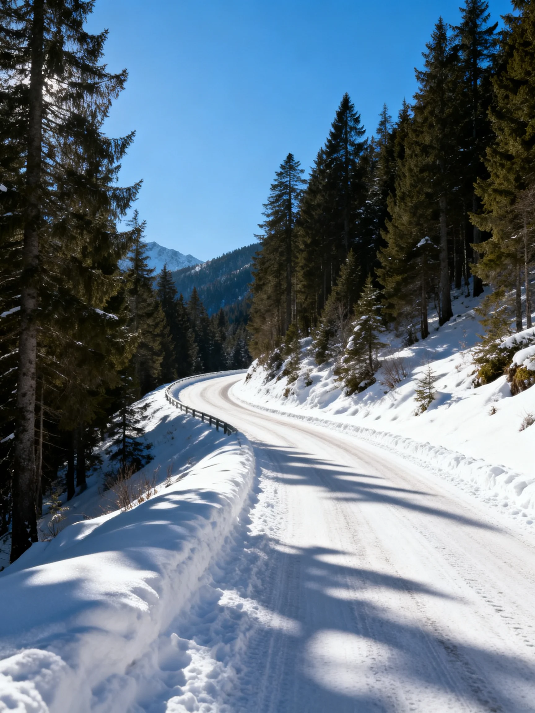 A winding snow-covered mountain road surrounded by dense evergreen forests
