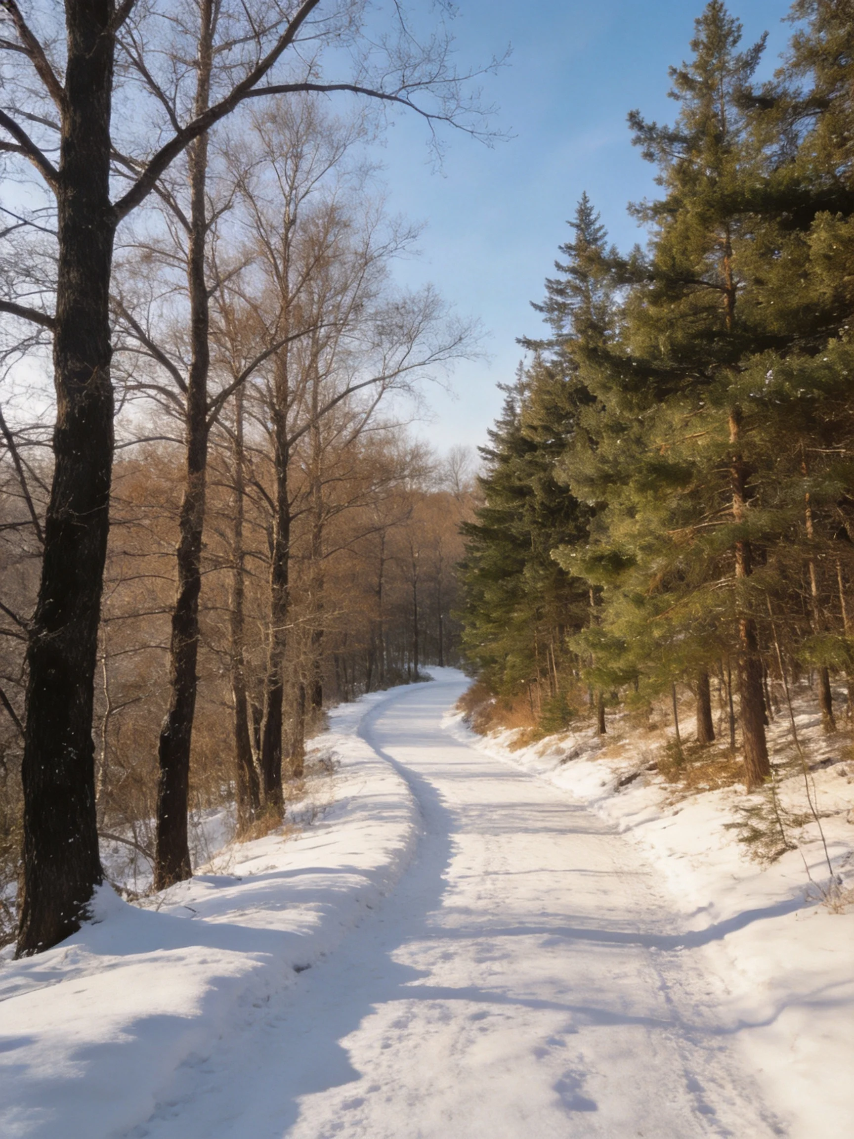 A winding snow-covered path flanked by bare and evergreen trees