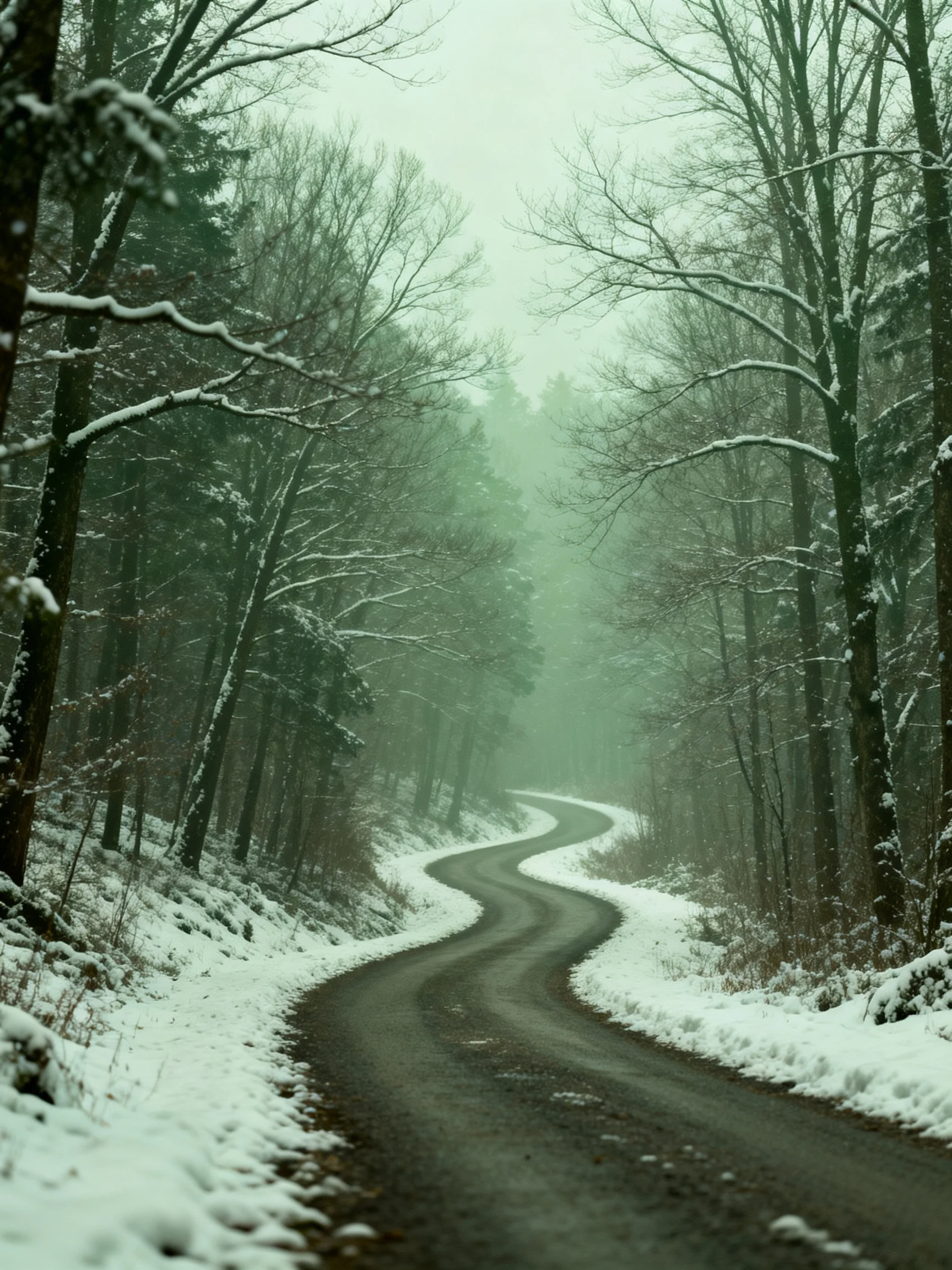 A winding snow-covered road through a misty forest