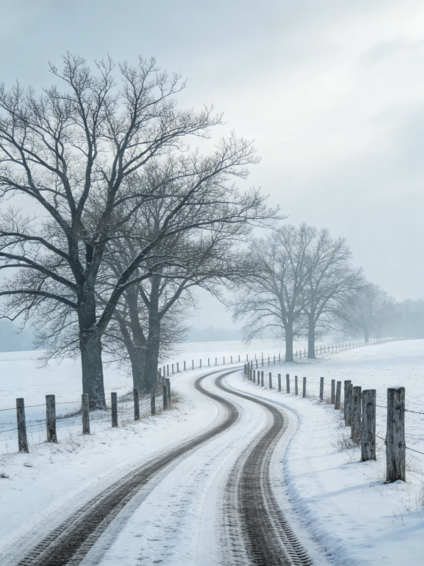 A winding snow-covered road with bare trees and wooden fences