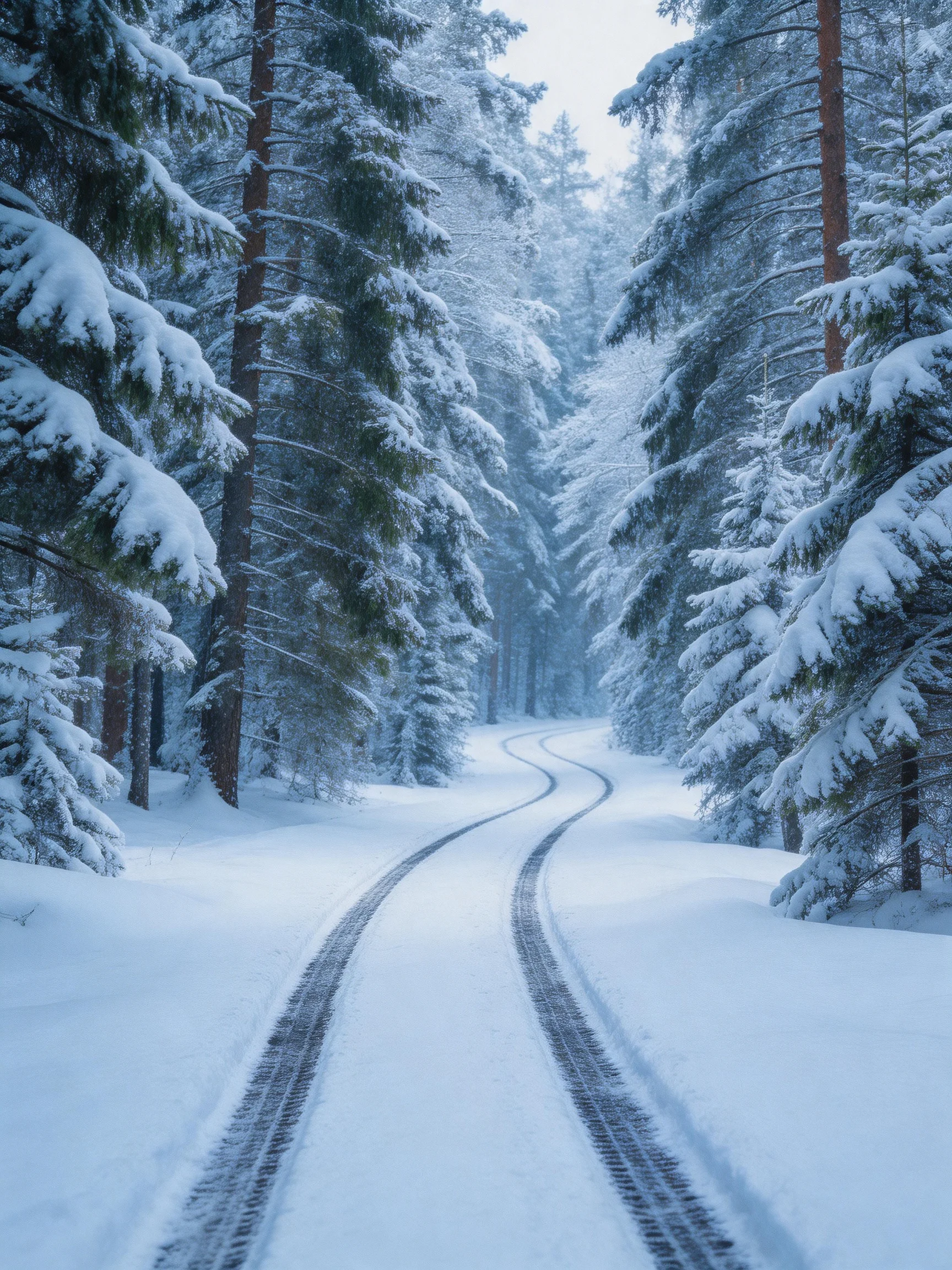 A winding snowy forest path lined with snow-covered evergreen trees