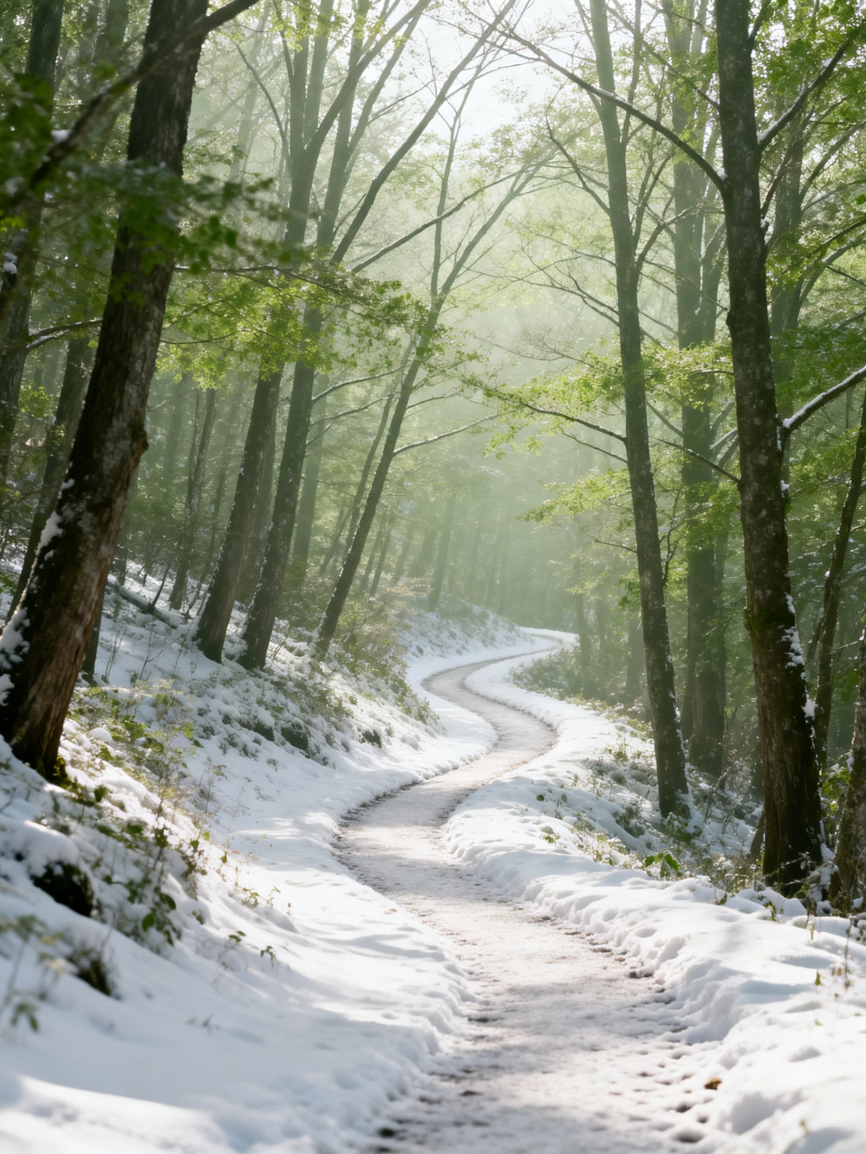 A winding snowy path through a misty green forest