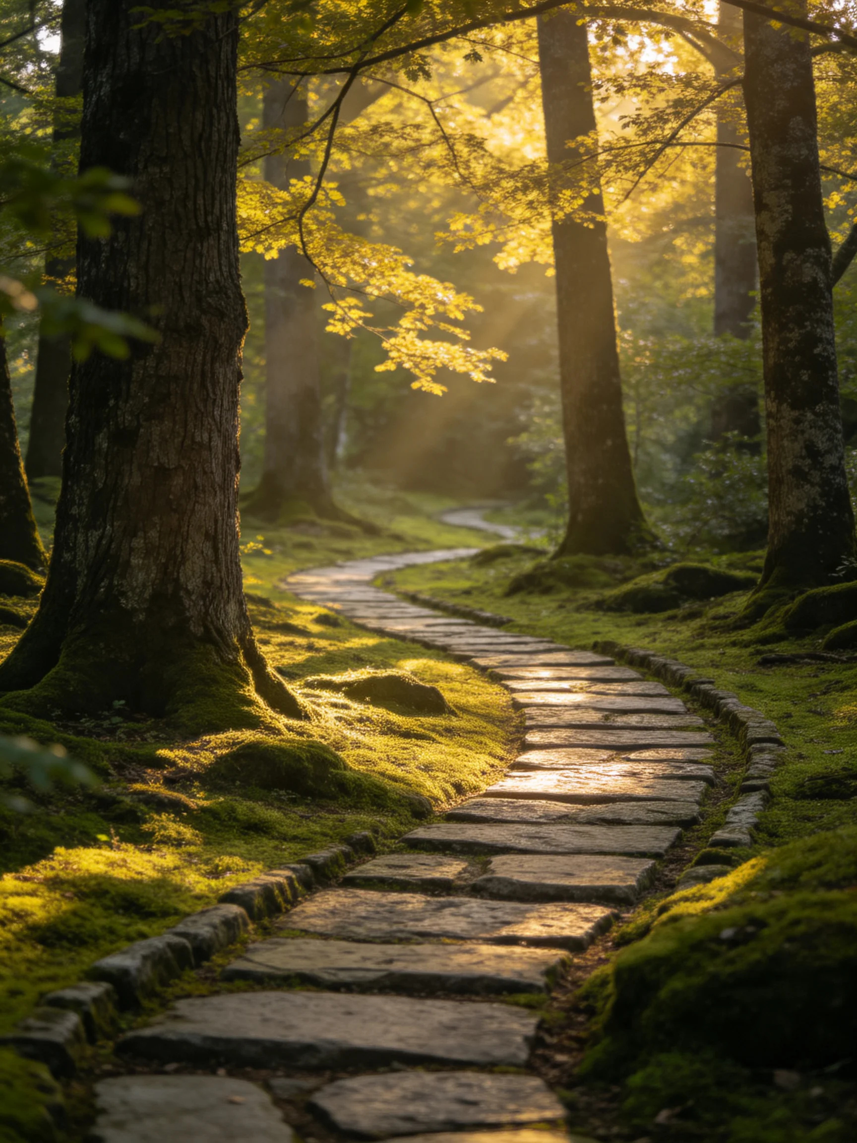 A winding stone path through a sun-dappled mossy forest