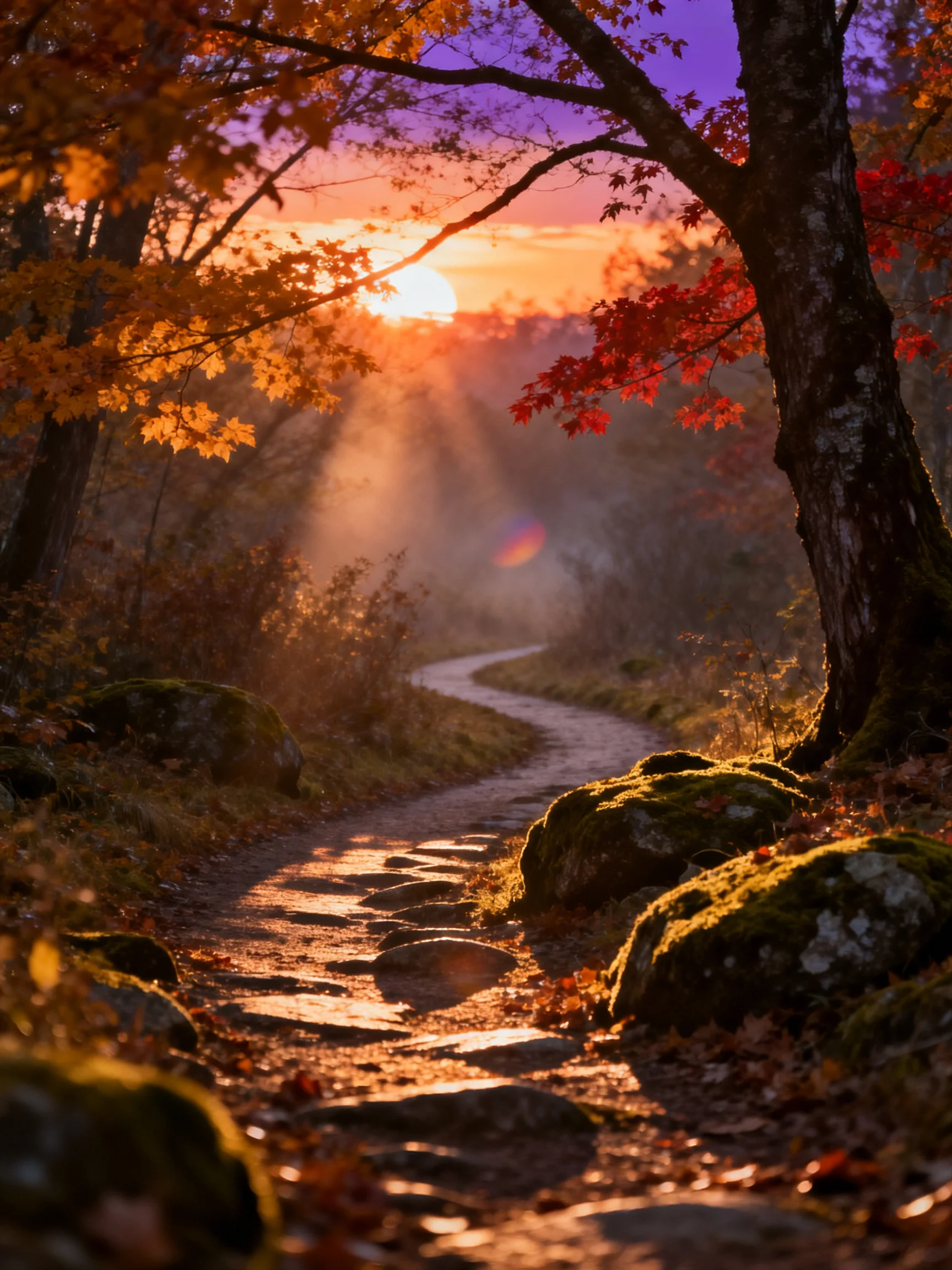 A winding stone path through autumn woods at golden hour