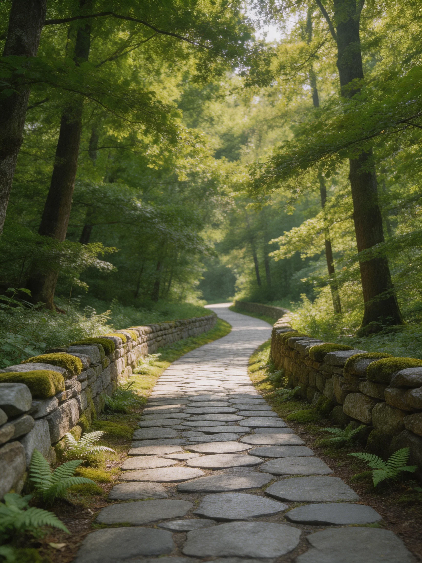 A winding stone path through lush green forest with moss-covered walls
