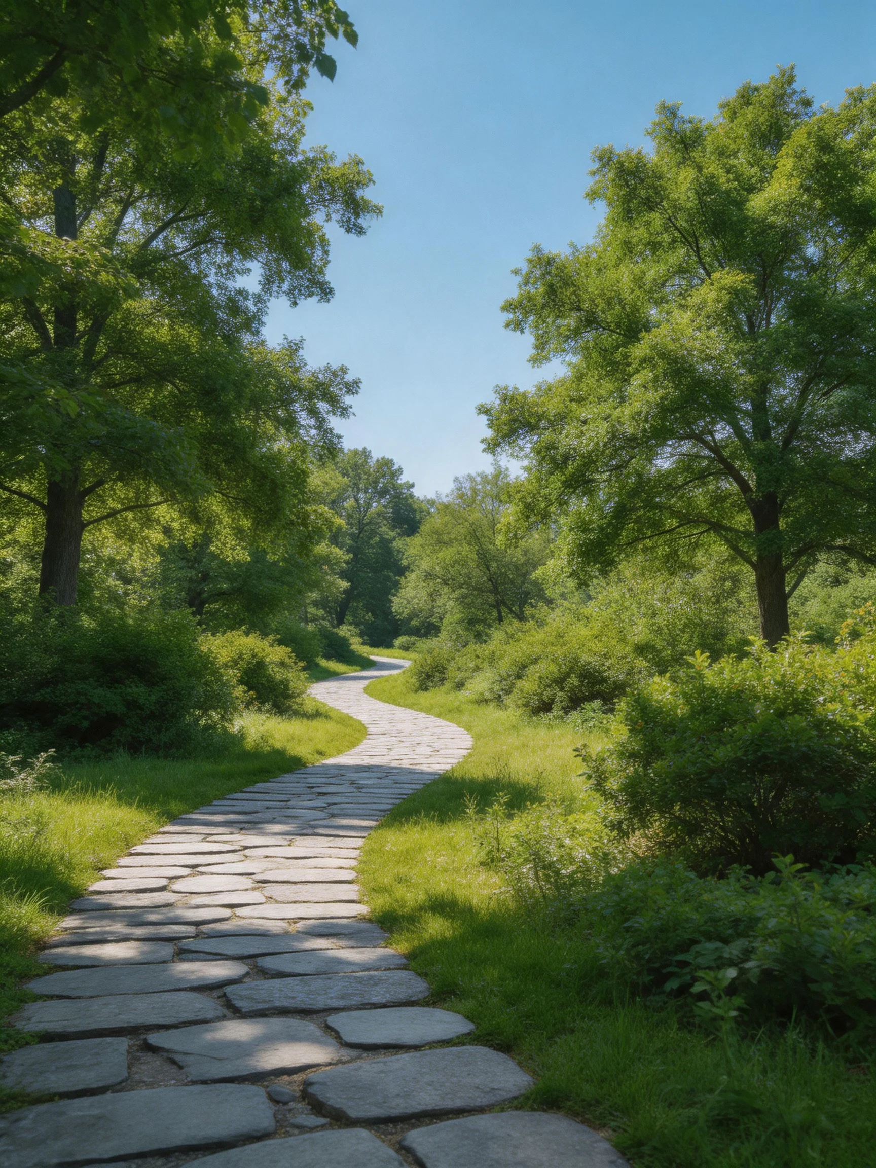 A winding stone path through lush green trees under clear blue sky