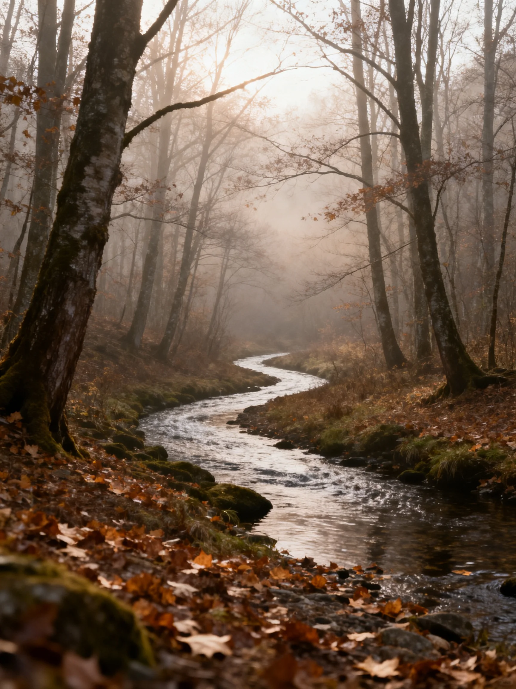 A winding stream flows through a misty autumn forest with brown foliage.