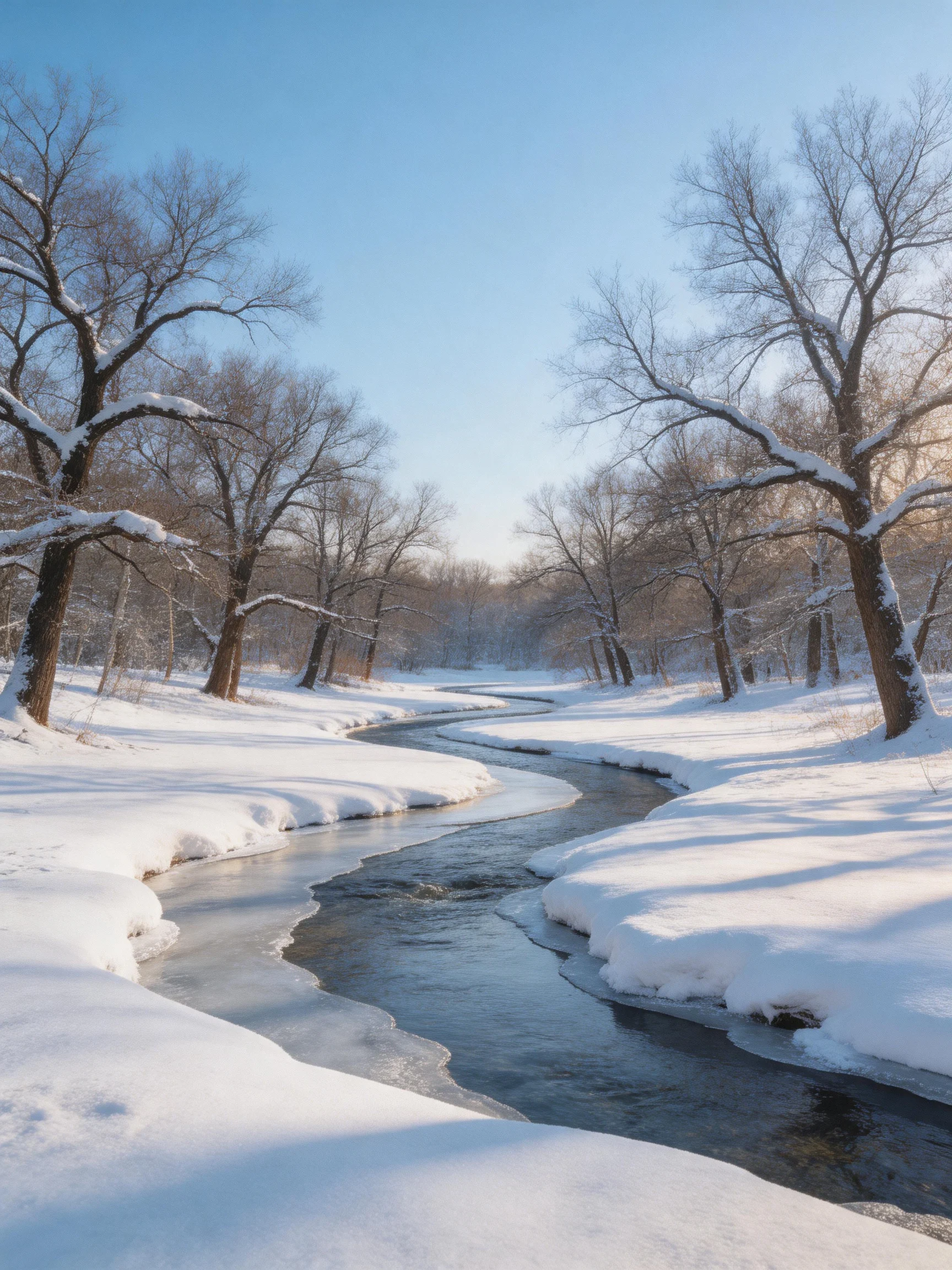 A winding stream flows through a snow - covered forest with bare trees