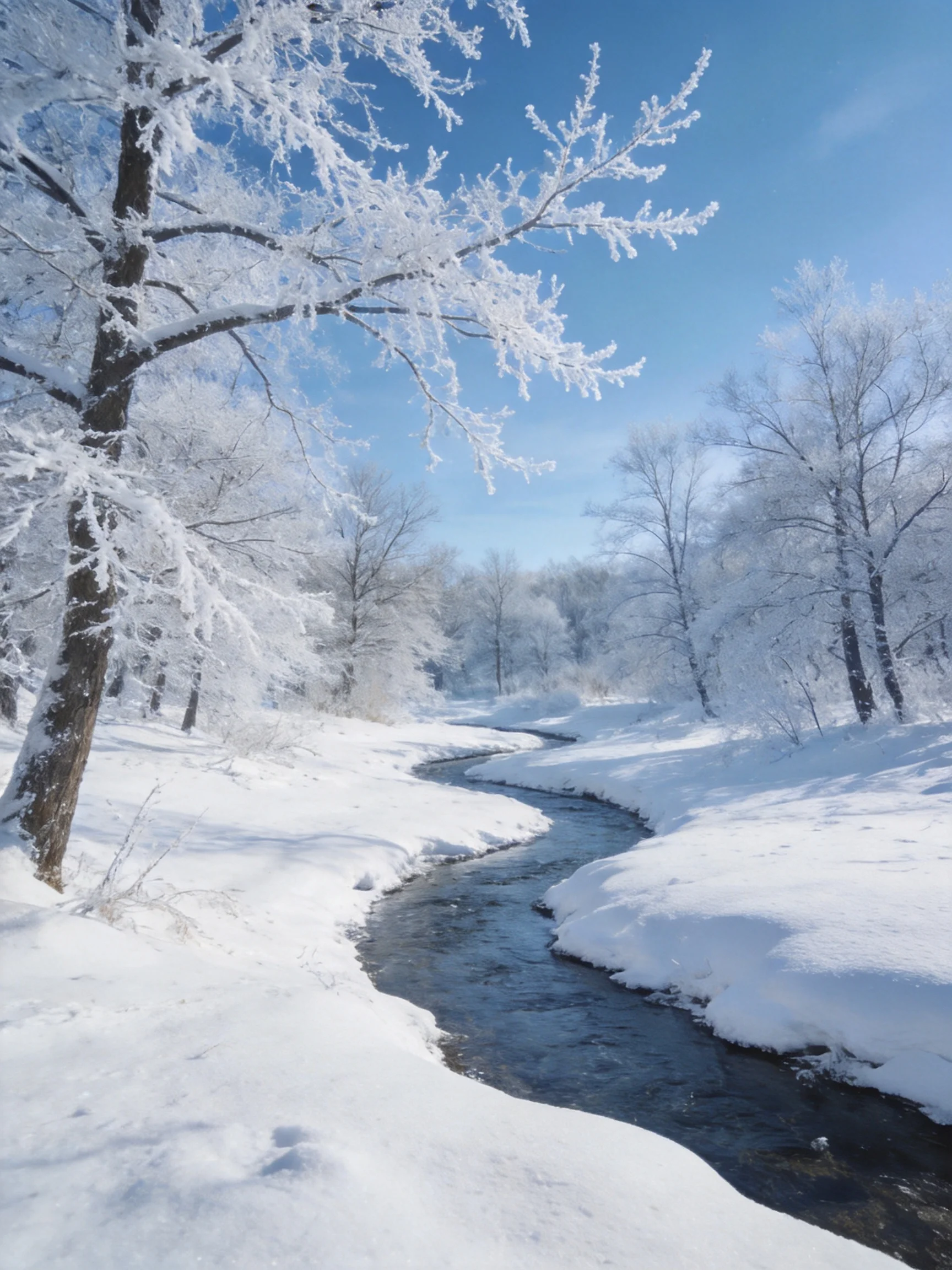 A winding stream flows through a snowy landscape with frost-laden trees