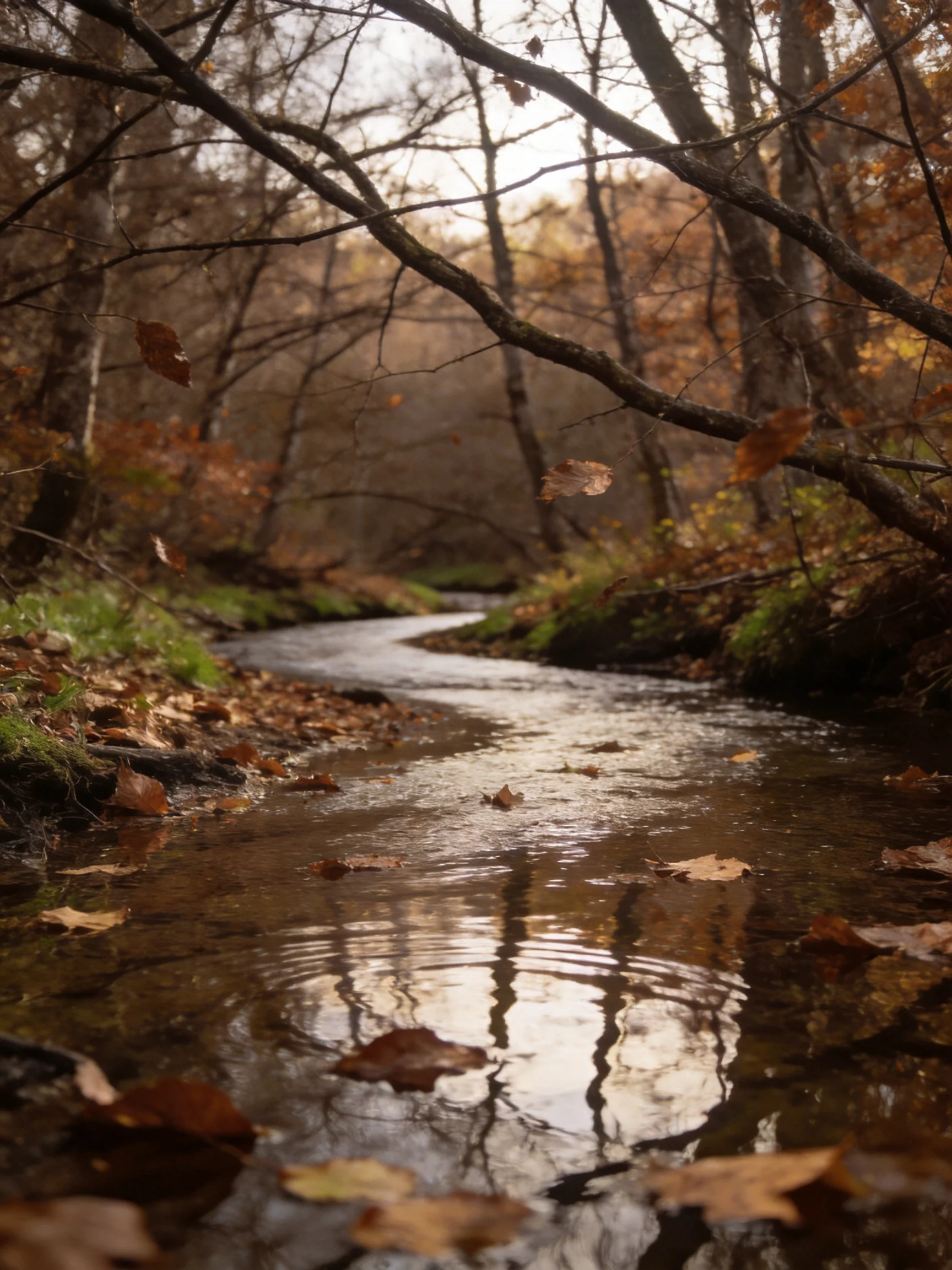 A winding stream flows through an autumn forest with fallen leaves
