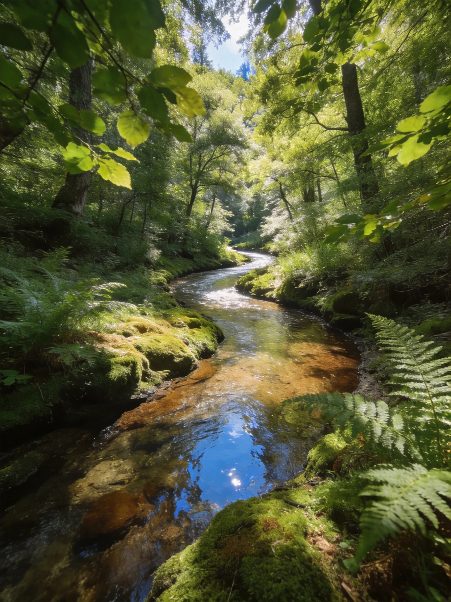 A winding stream flows through lush green forest with mossy rocks