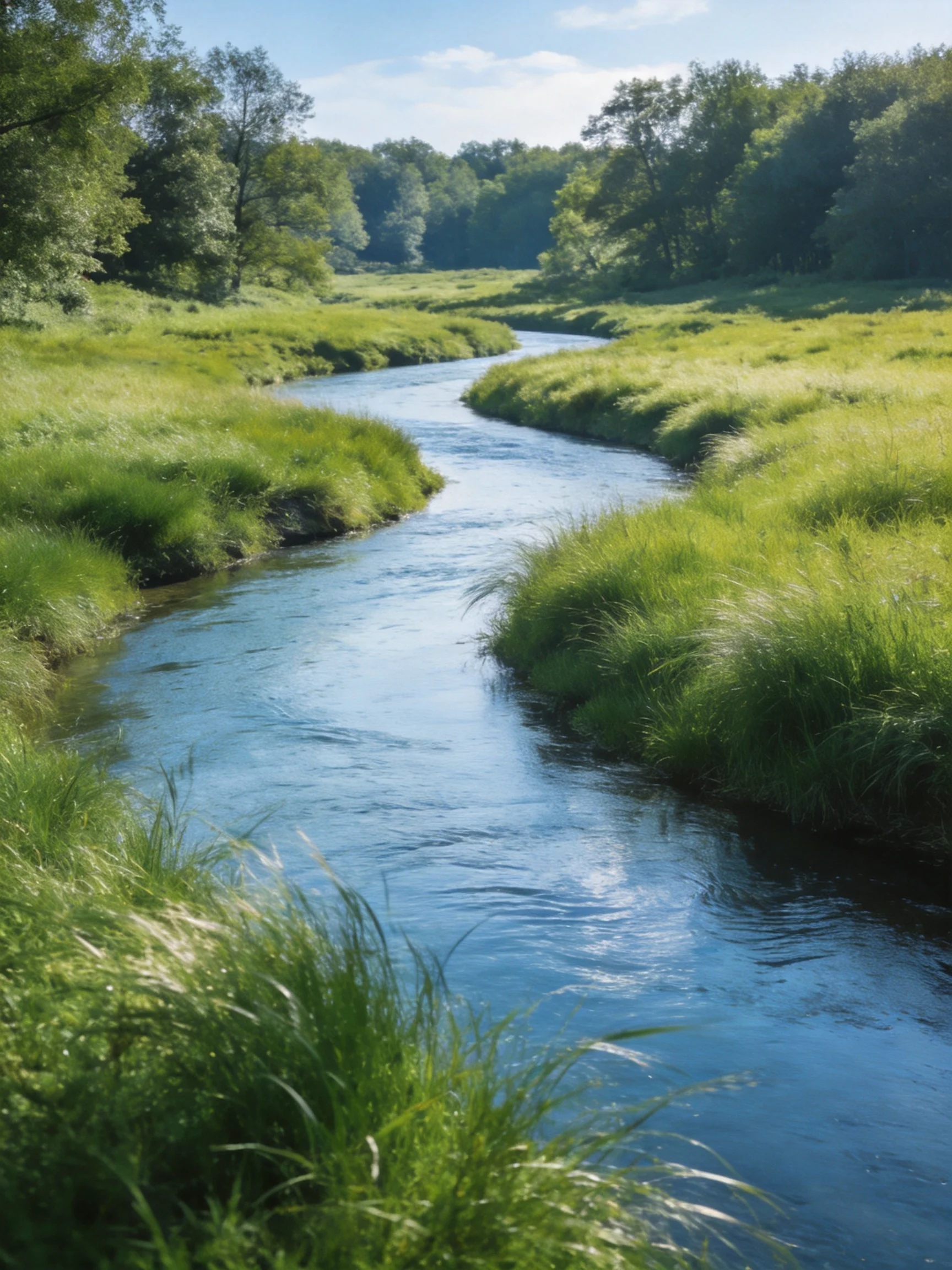 A winding stream flows through lush green meadows and dense forests