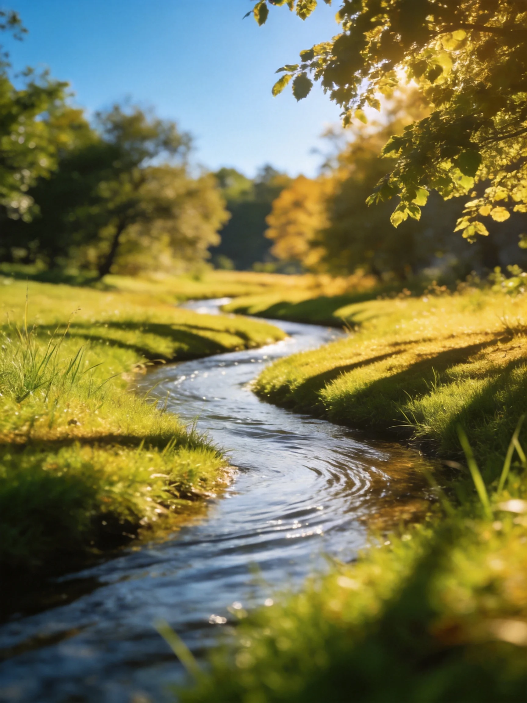 A winding stream flows through lush green meadows under golden sunlight