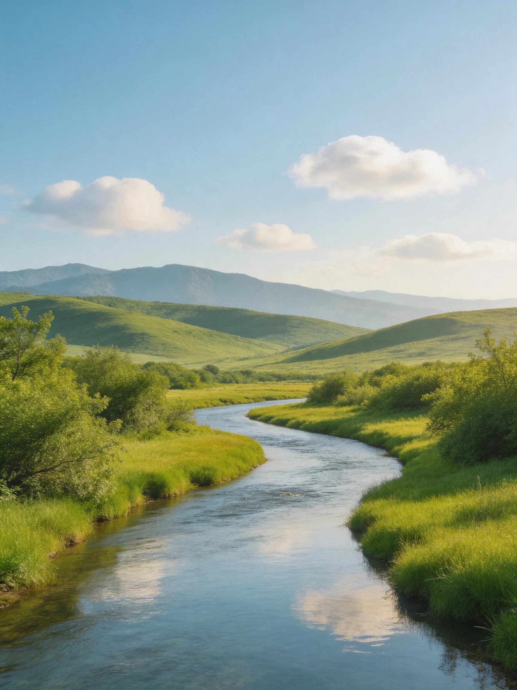 A winding stream winds through lush green meadows beside rolling hills