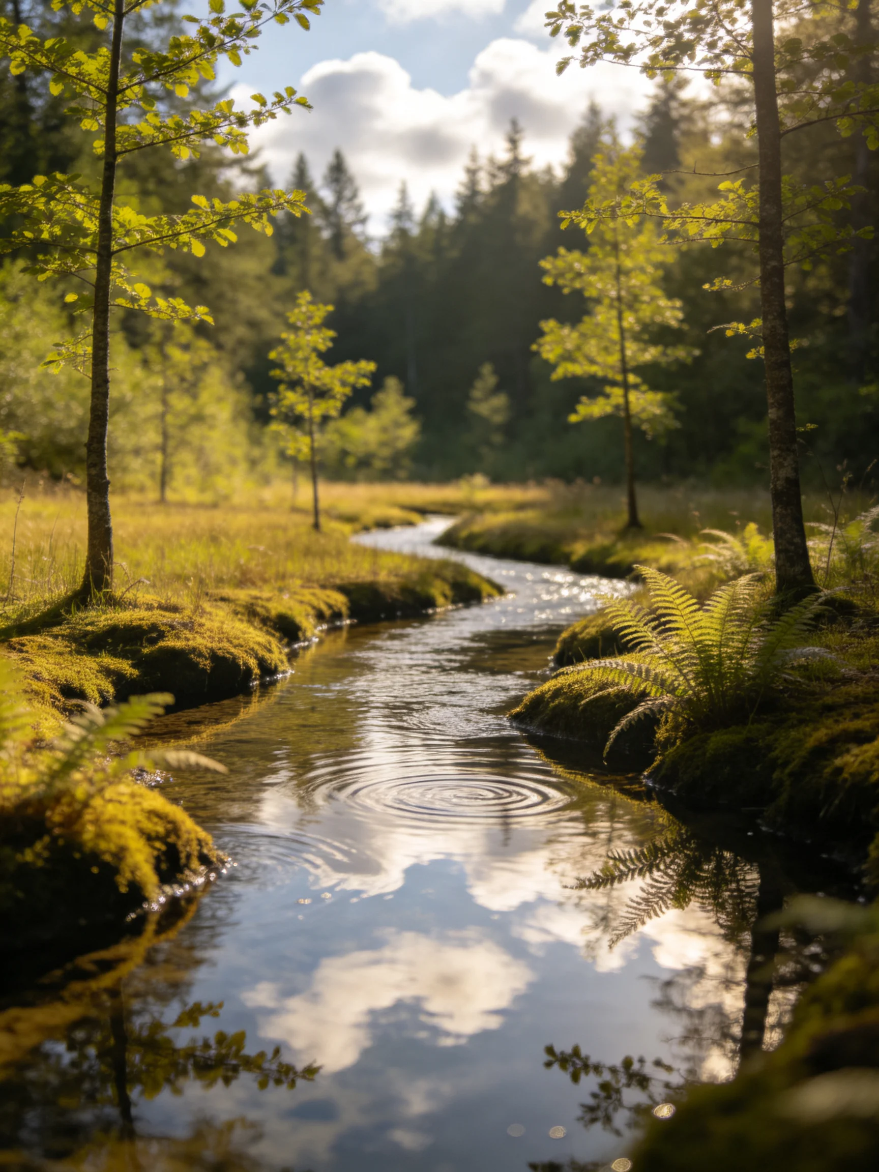 A winding stream winds through lush greenery and tall trees