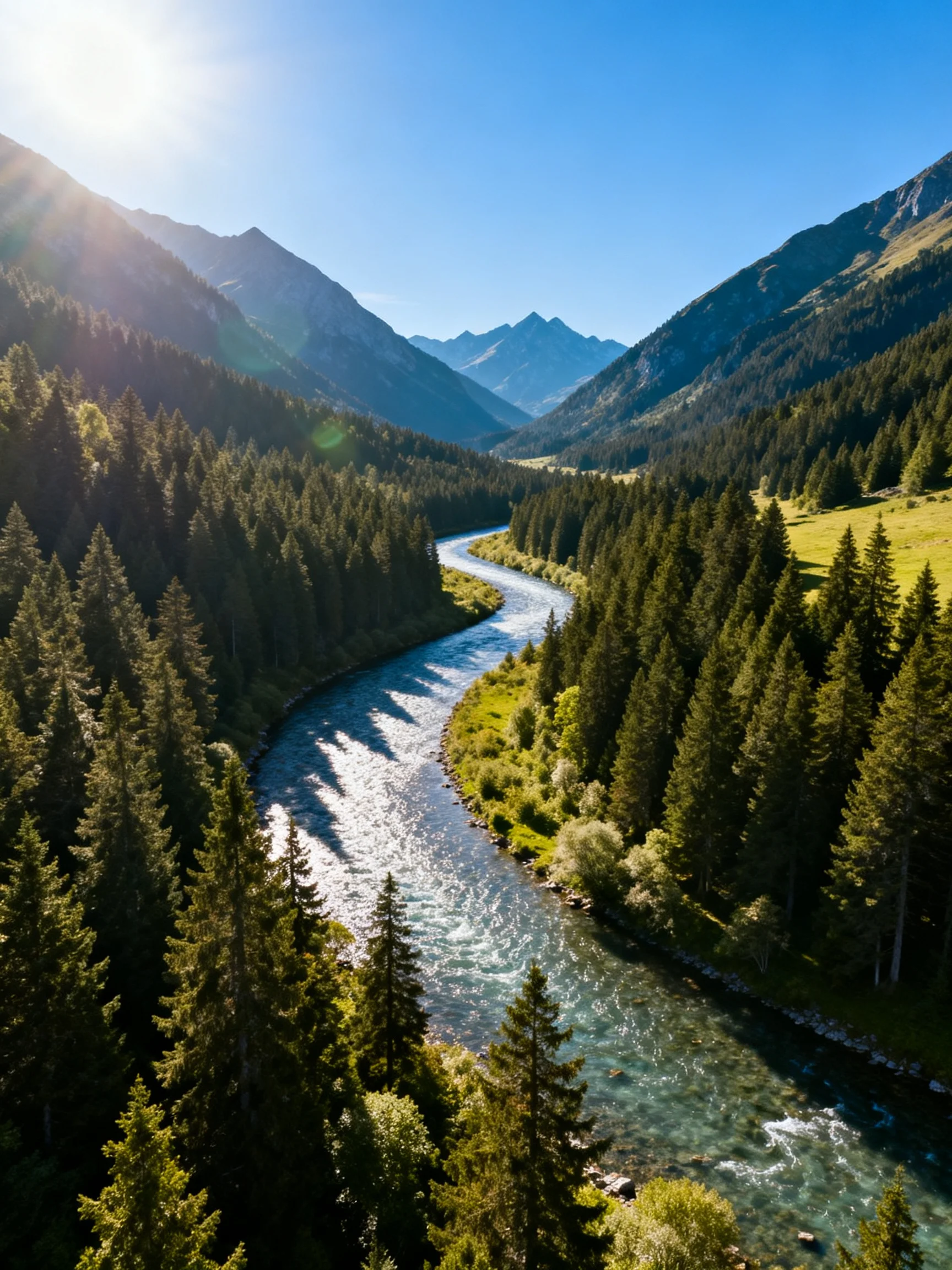 A winding turquoise river flows through dense evergreen forests near sunlit mountain peaks