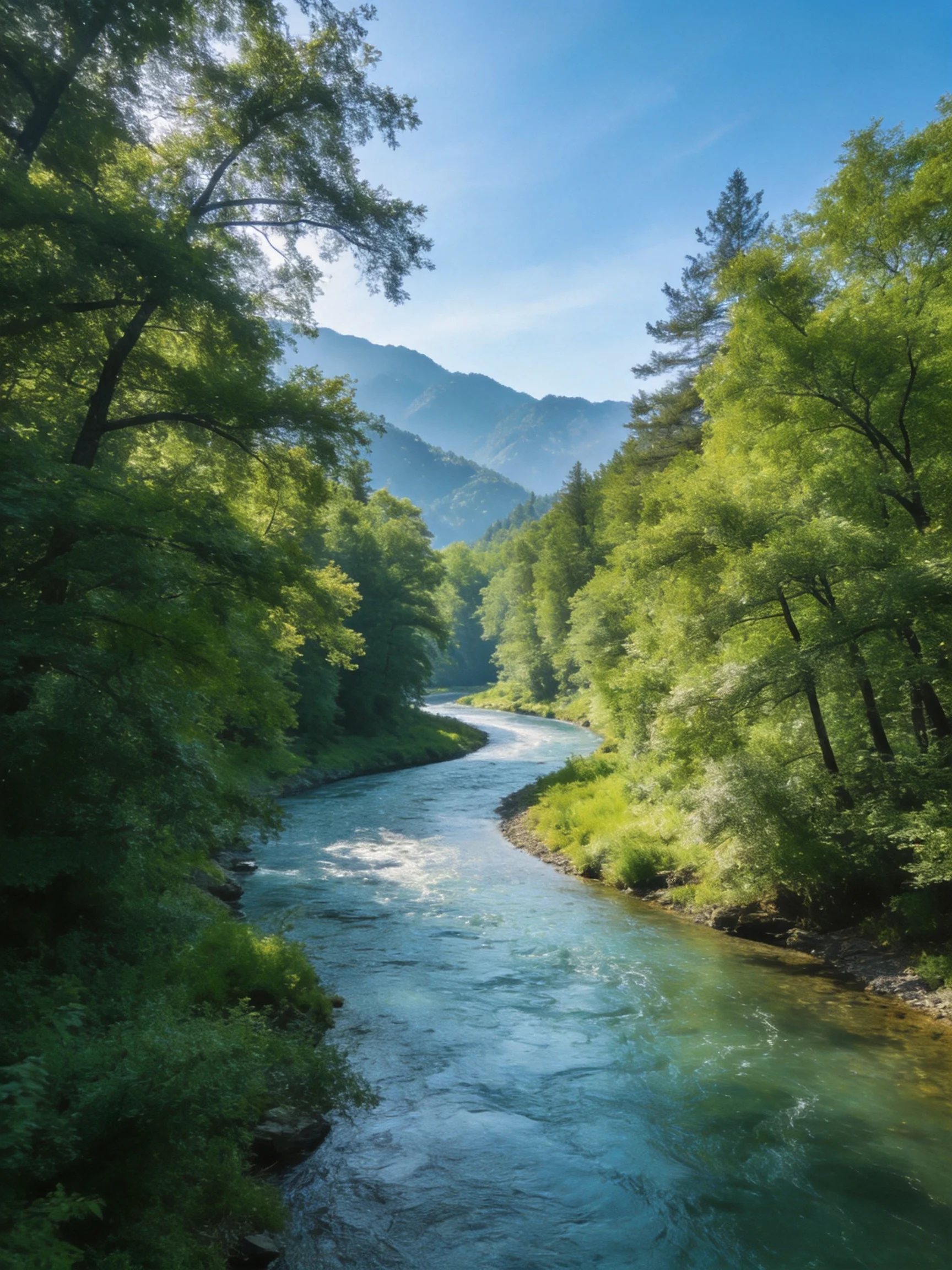 A winding turquoise river flows through lush green forests near misty mountains