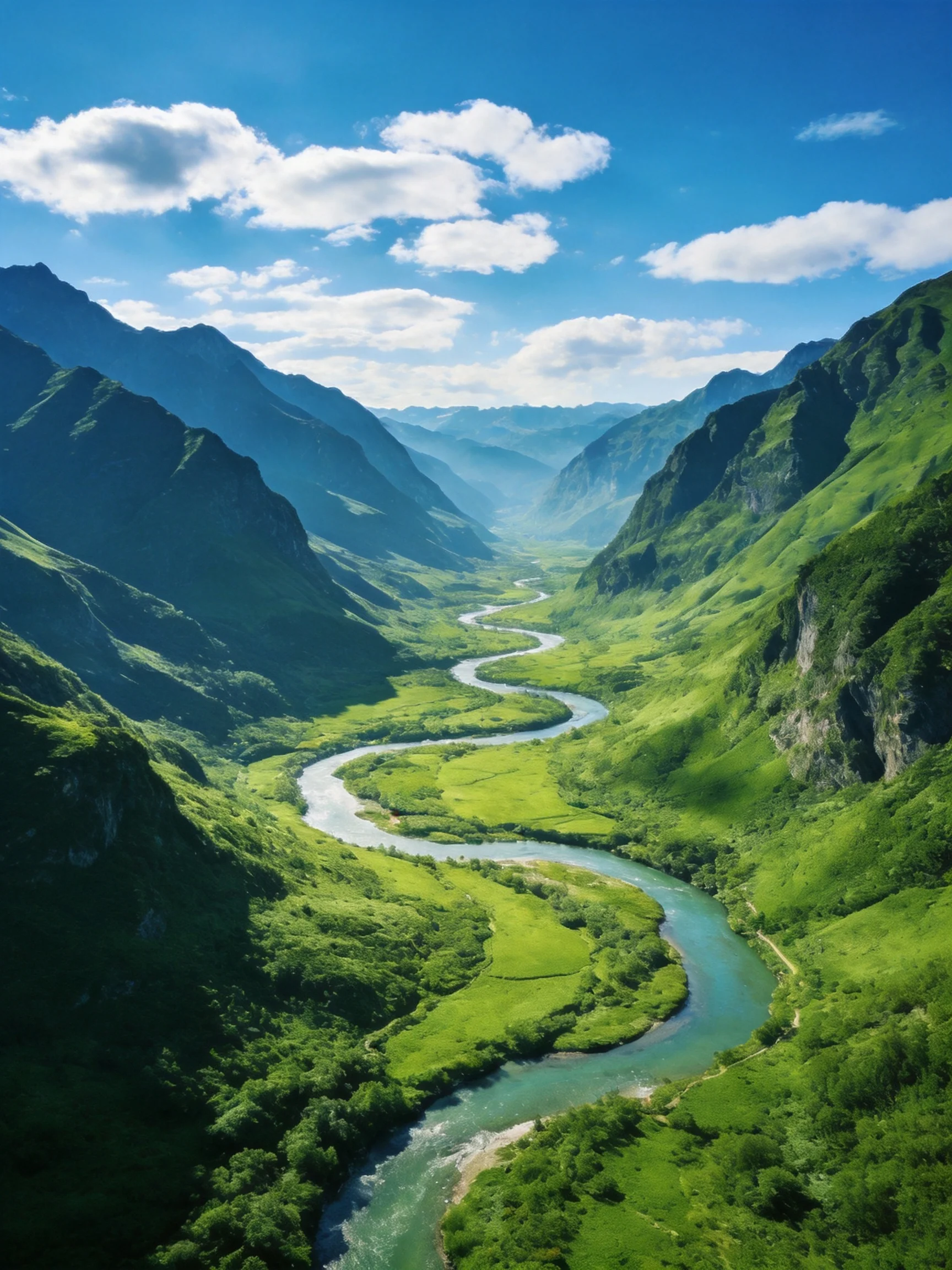 A winding turquoise river flows through lush green mountain valleys