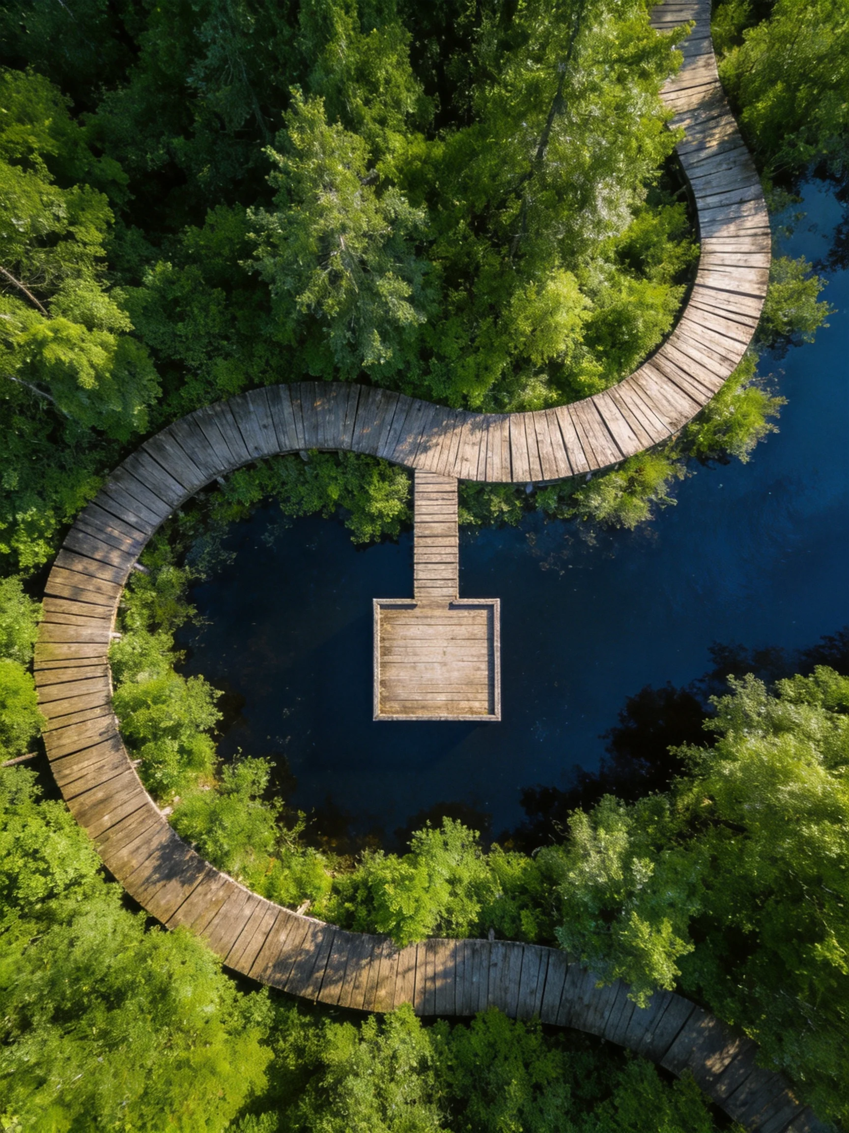 A winding wooden boardwalk surrounded by lush greenery and deep blue water