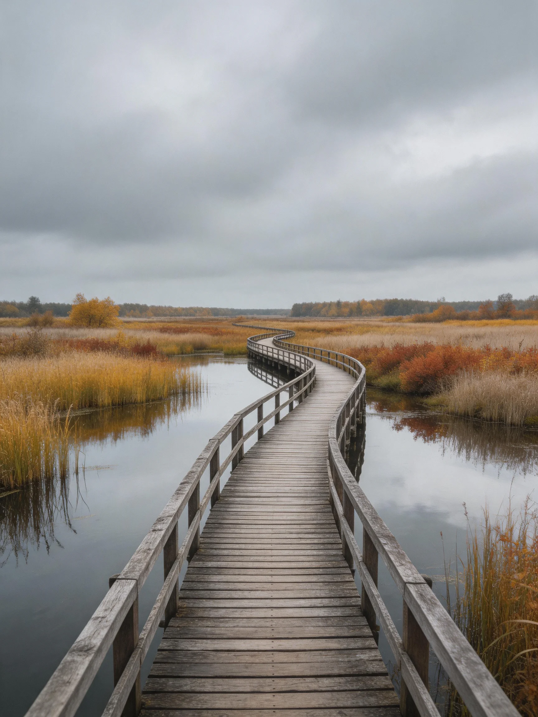 A winding wooden boardwalk through an autumnal wetland under gray skies