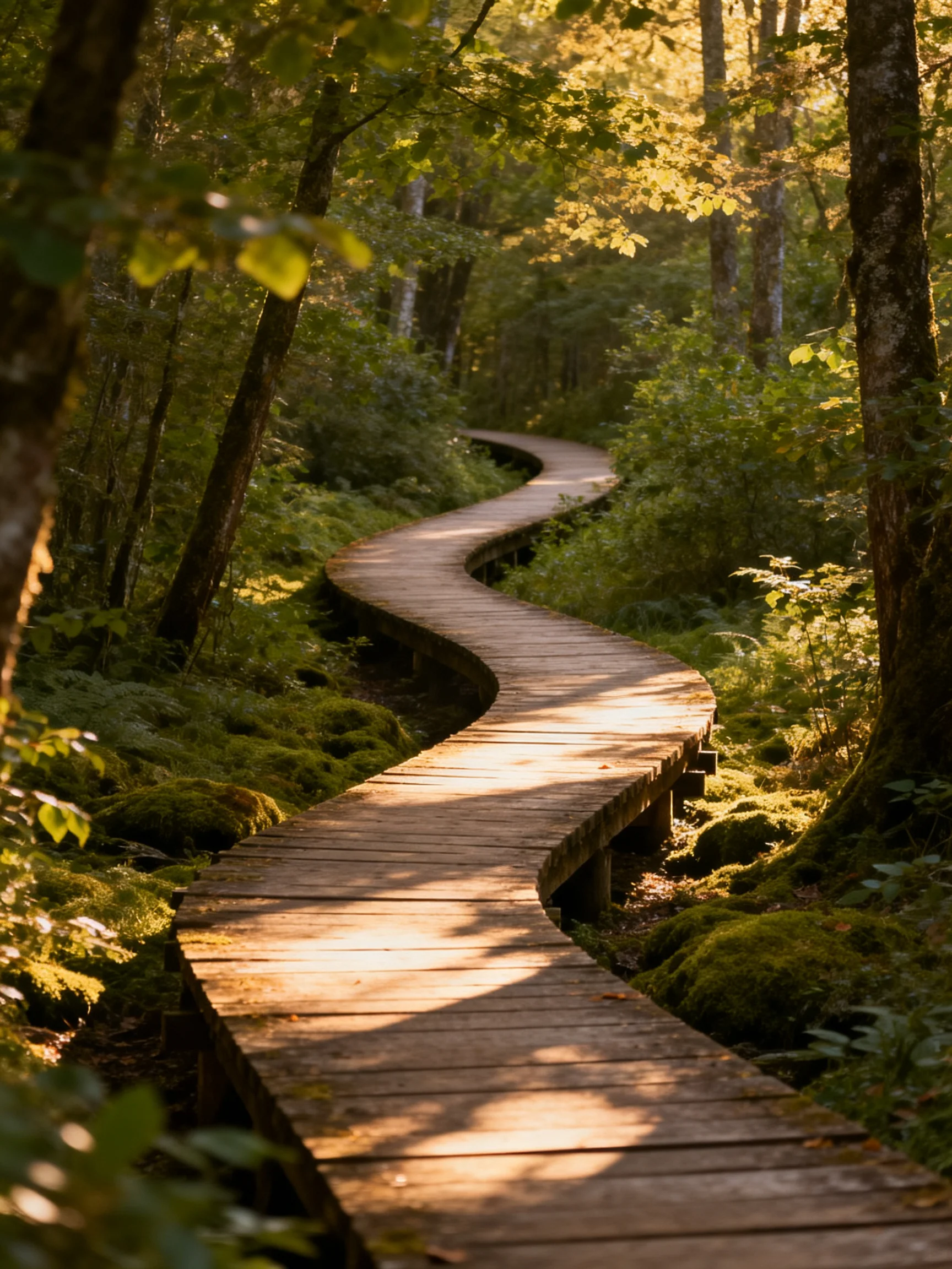 A winding wooden boardwalk through lush green forest with goldensunlight