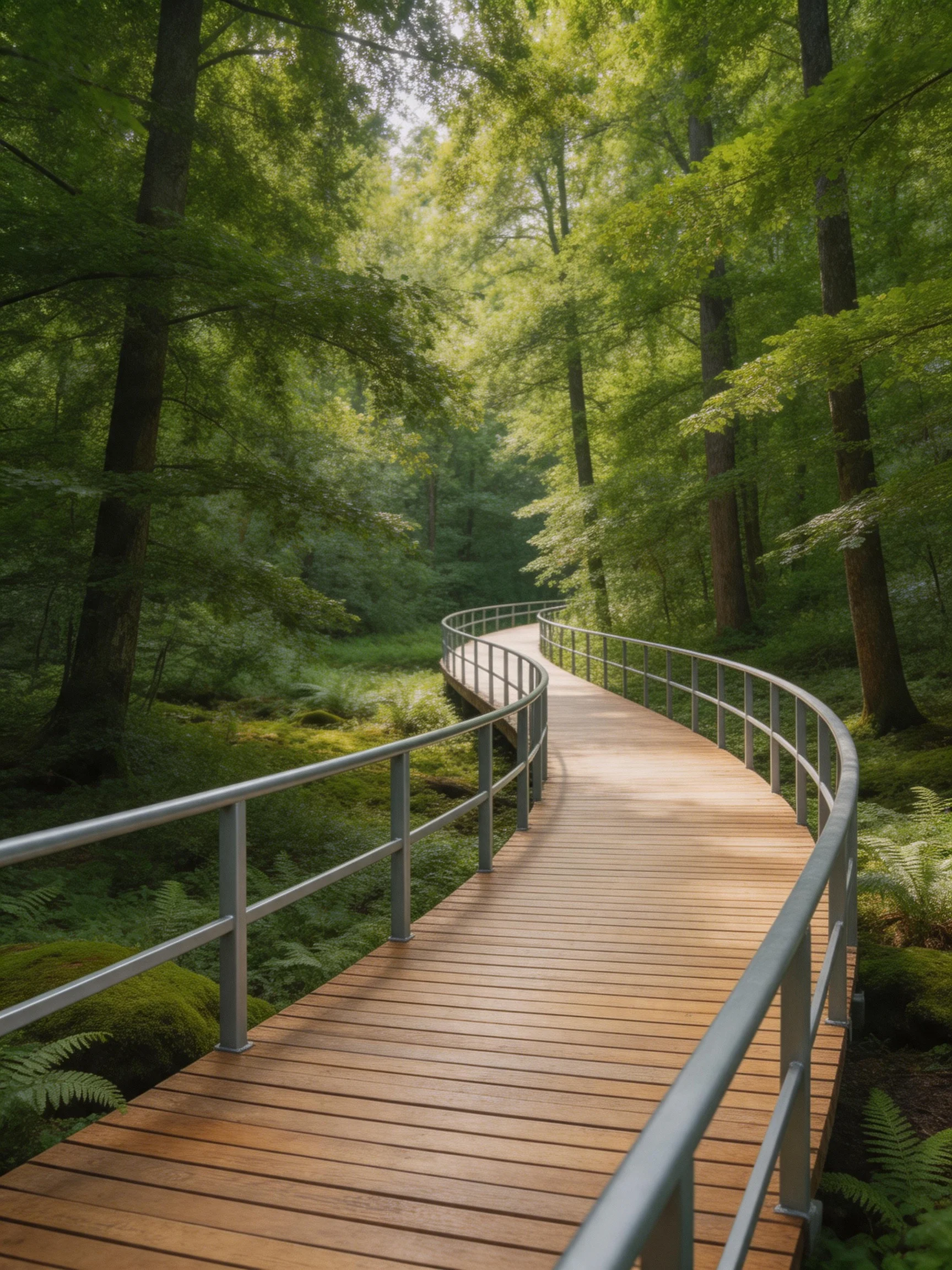 A winding wooden boardwalk through lush green forest