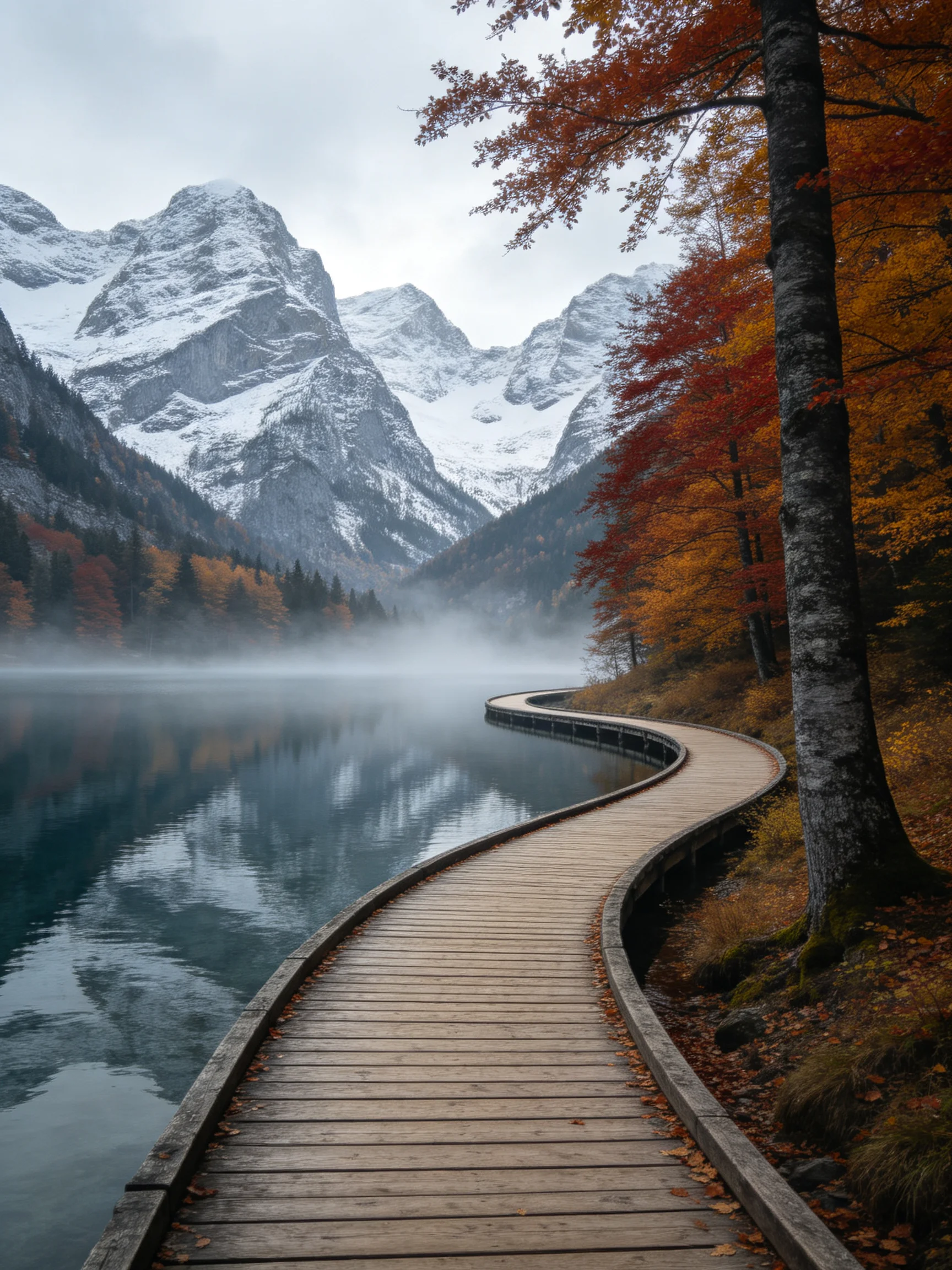 A winding wooden path beside a misty lake with autumn foliage and snow-capped mountains