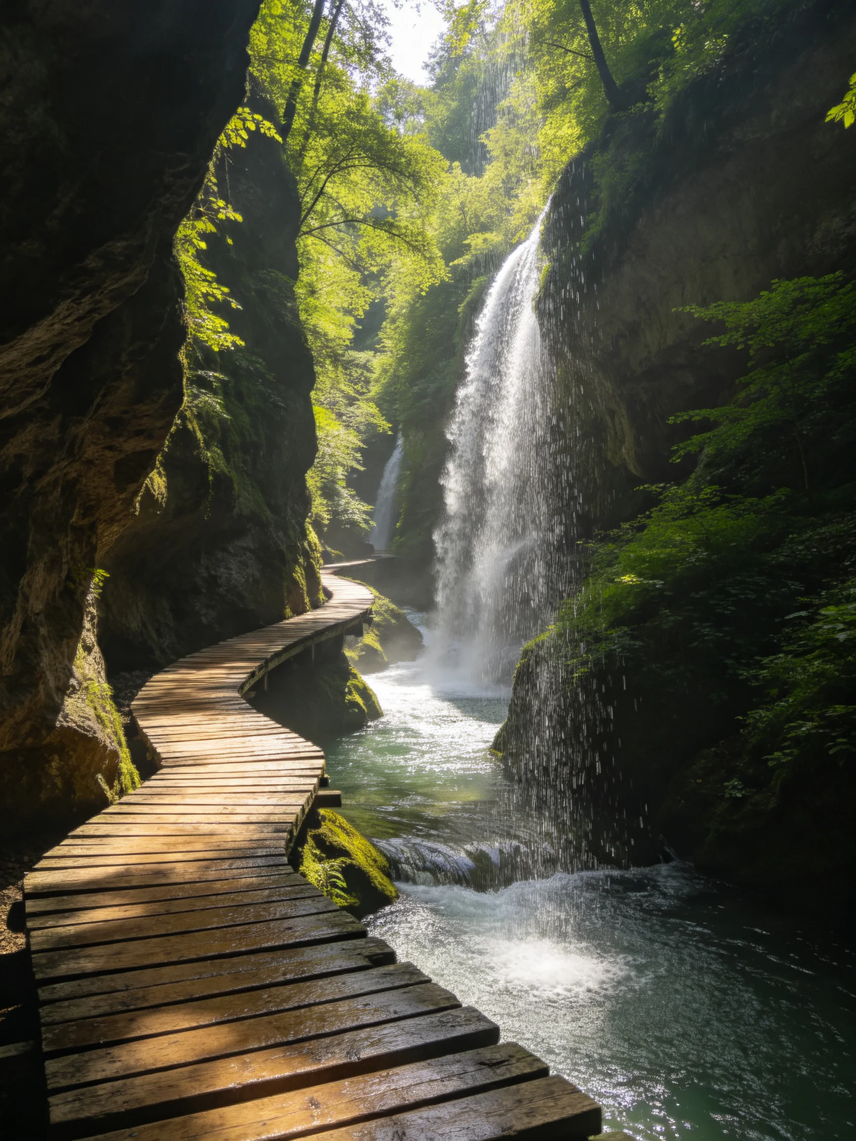 A winding wooden path near a cascading waterfall in lush green canyon