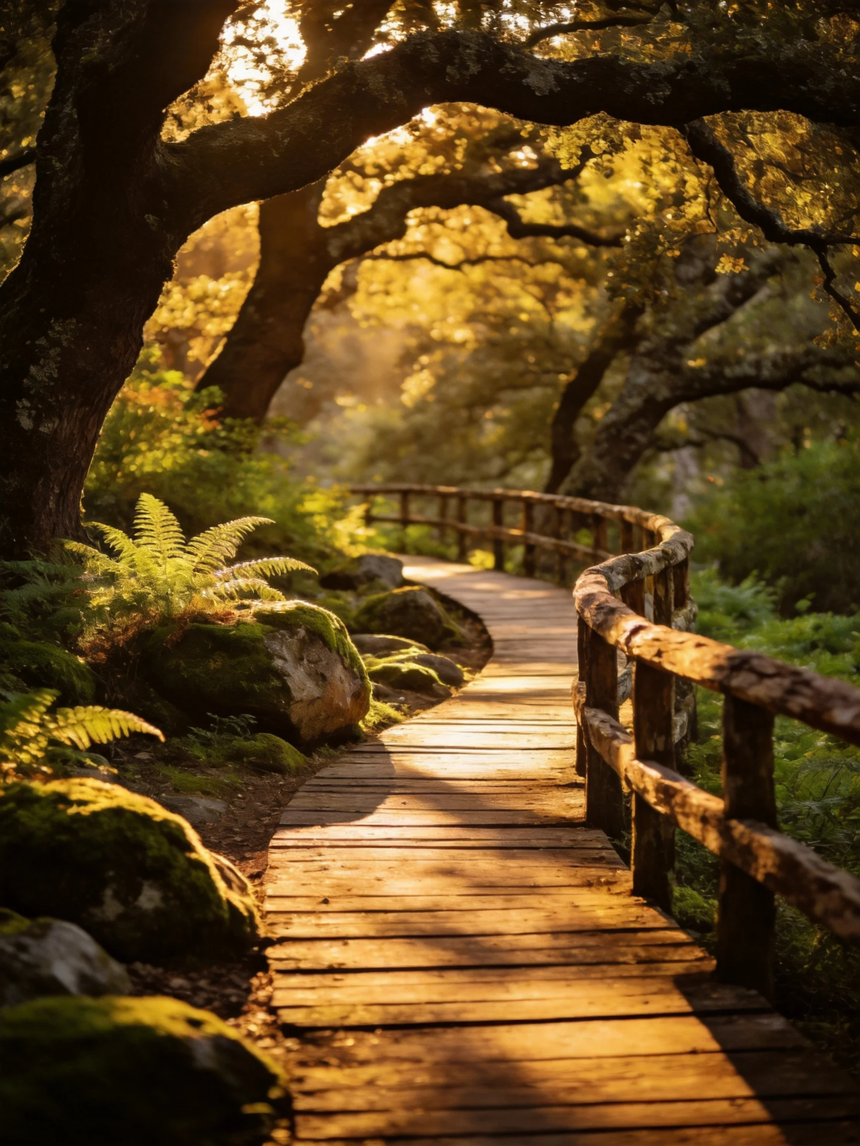 A winding wooden path through a golden forest with moss-covered rocks