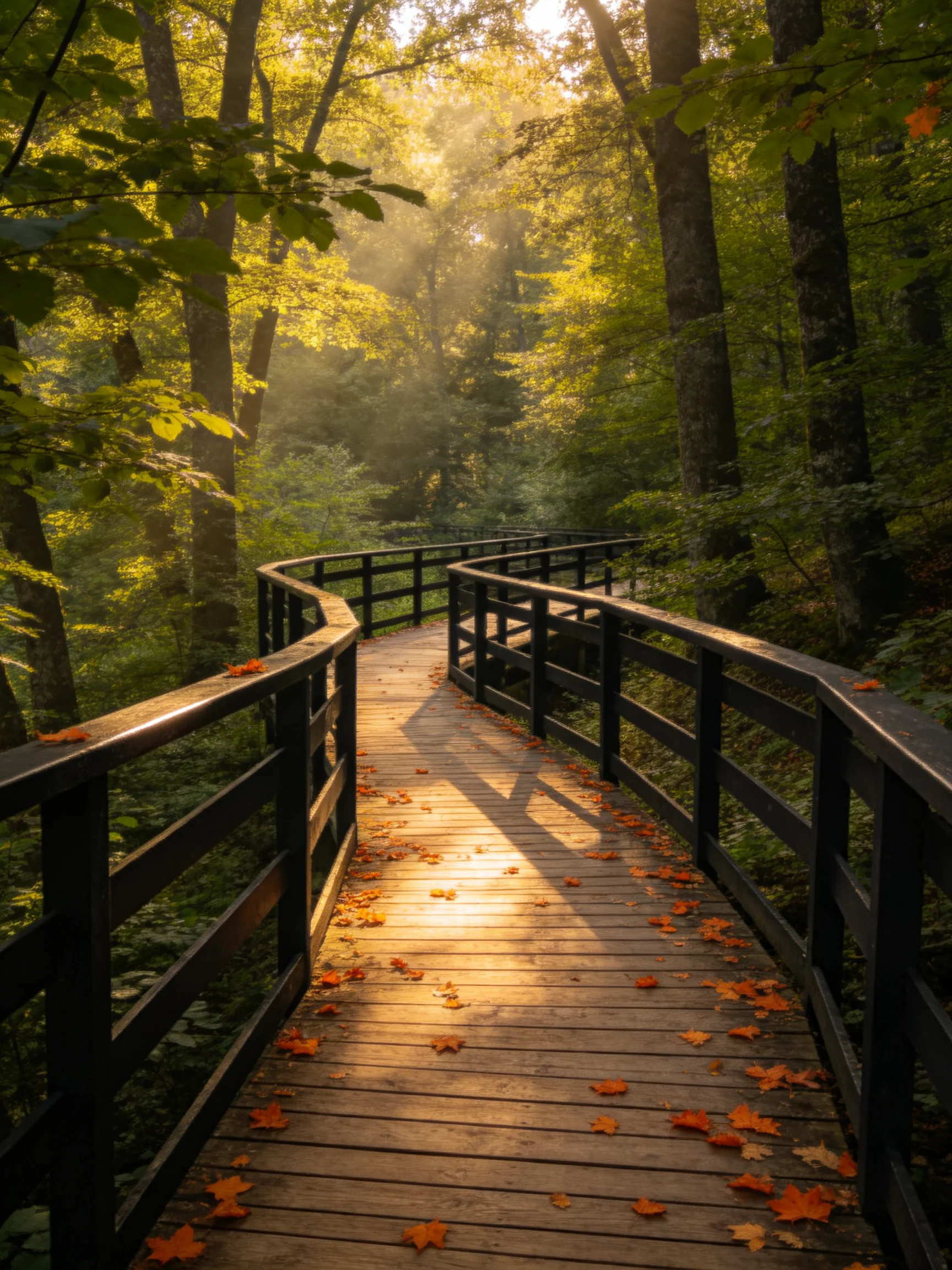A winding wooden path through a sun-dappled autumn forest