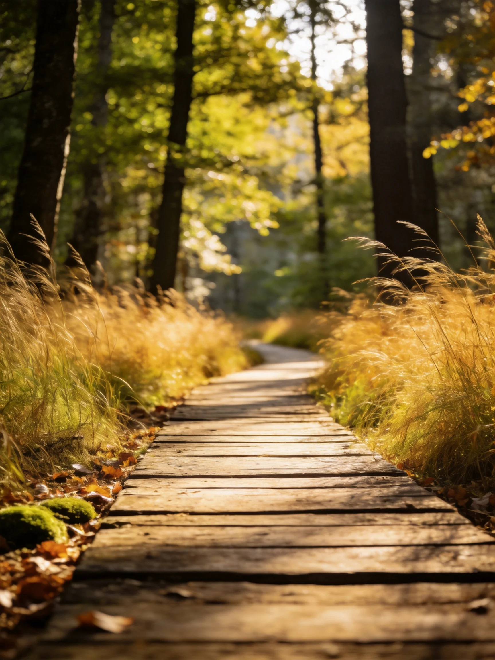 A winding wooden path through golden forest glade