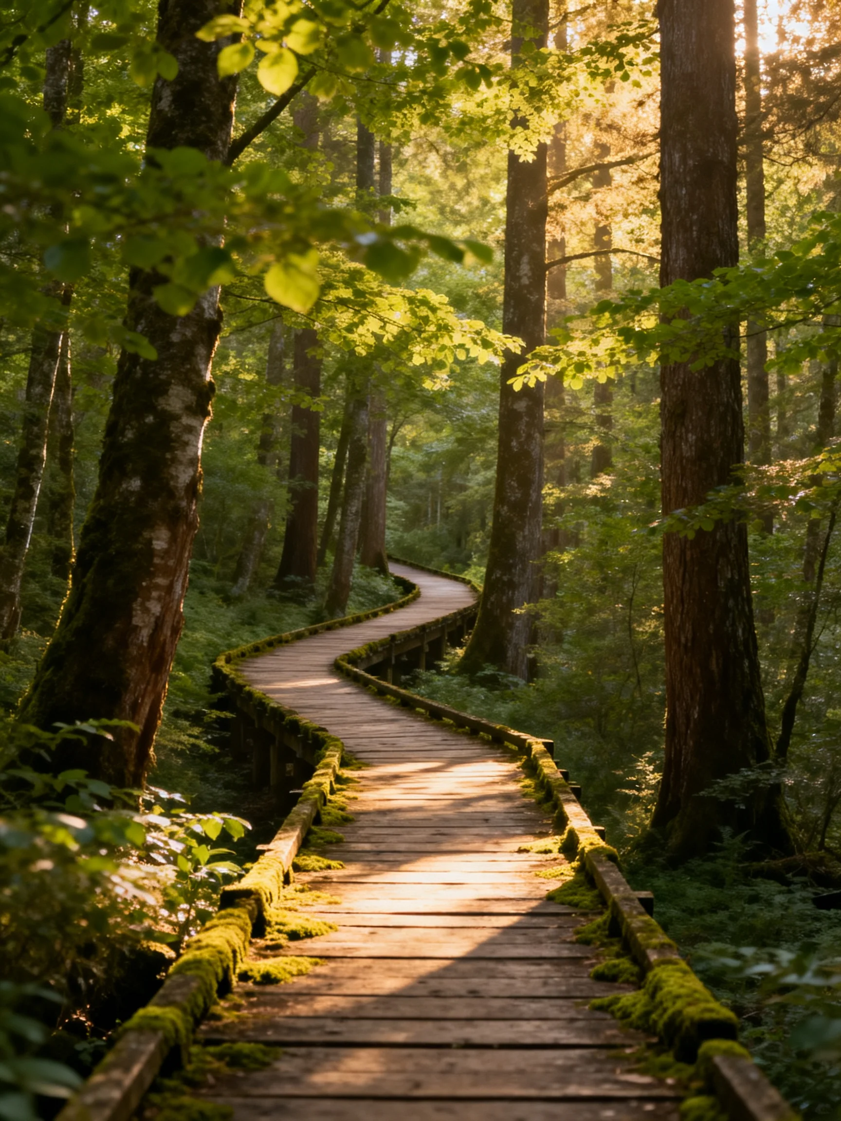 A winding wooden path through lush green forest with golden sunlight