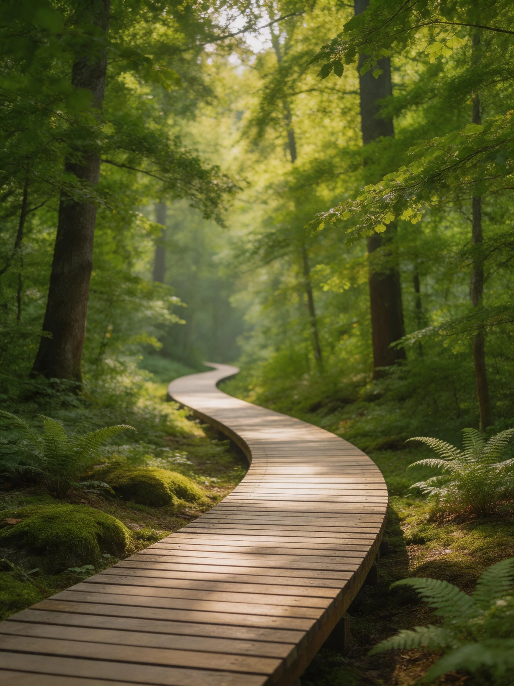 A winding wooden path through lush, sunlit green forest