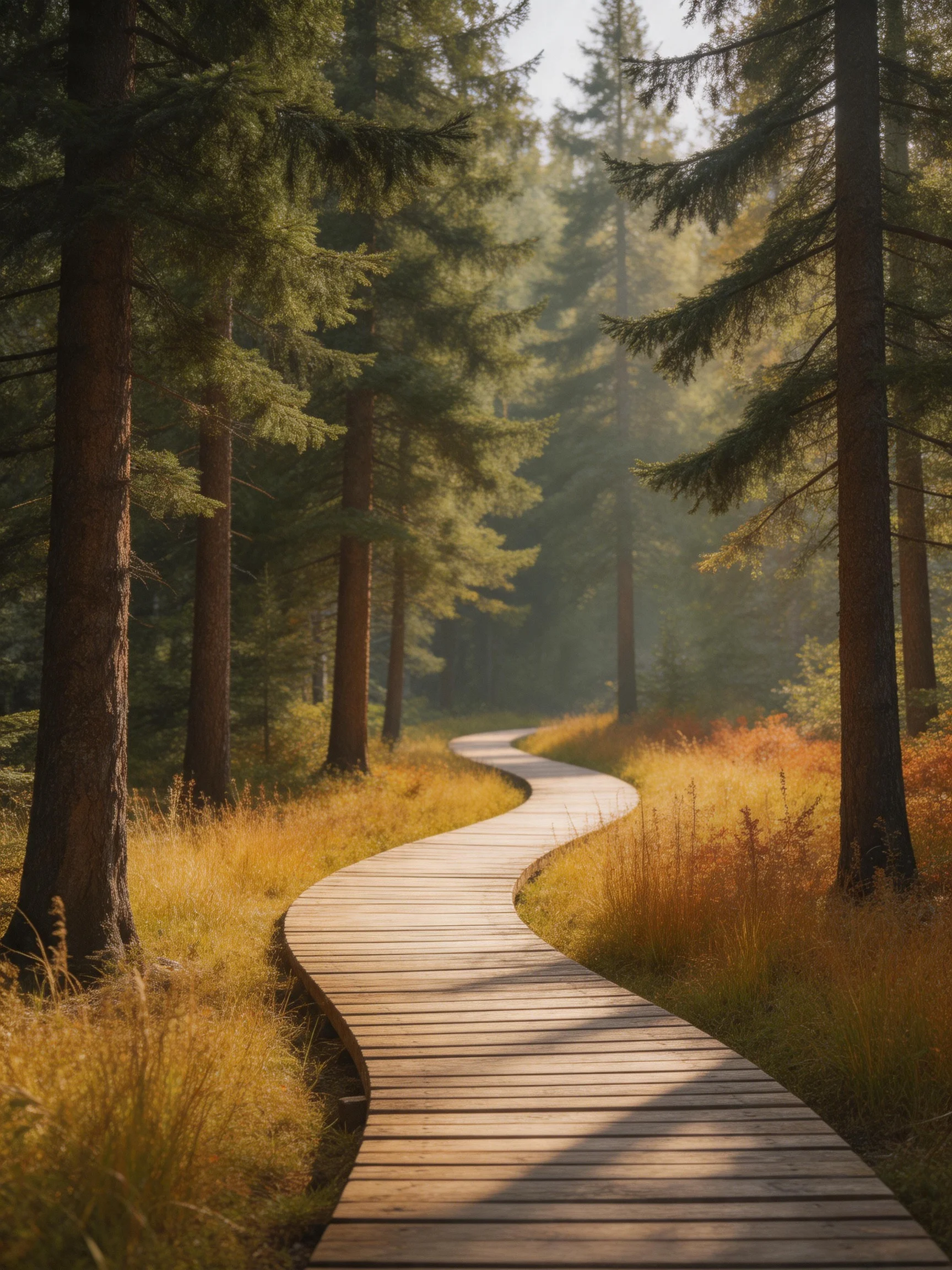 A winding wooden path through tall evergreen trees with golden foliage