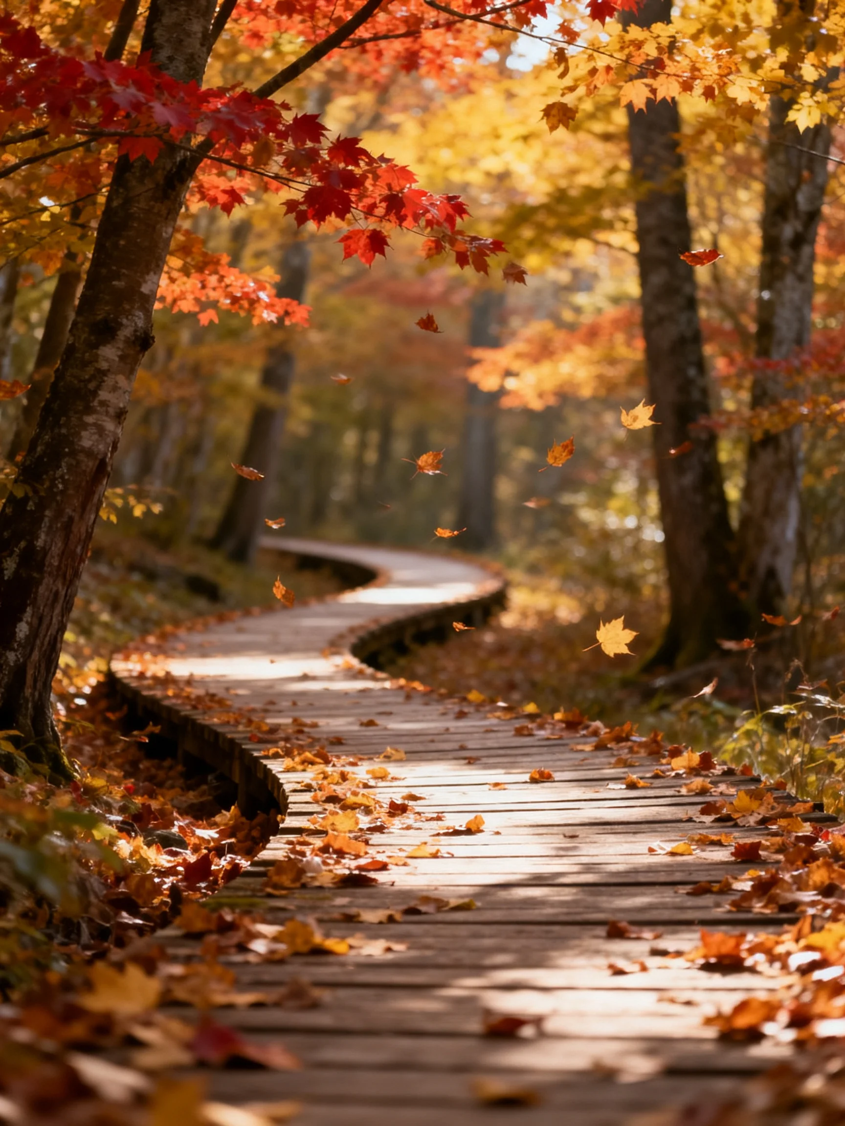 A winding wooden path through vibrant autumn foliage