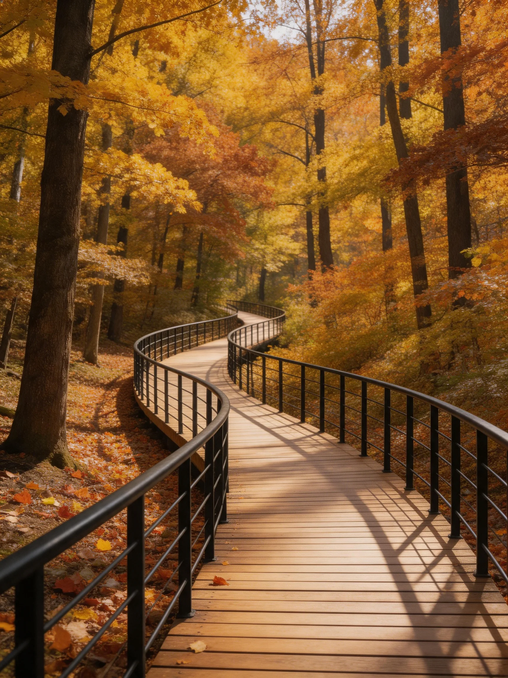 A winding wooden path through vibrant autumn forest