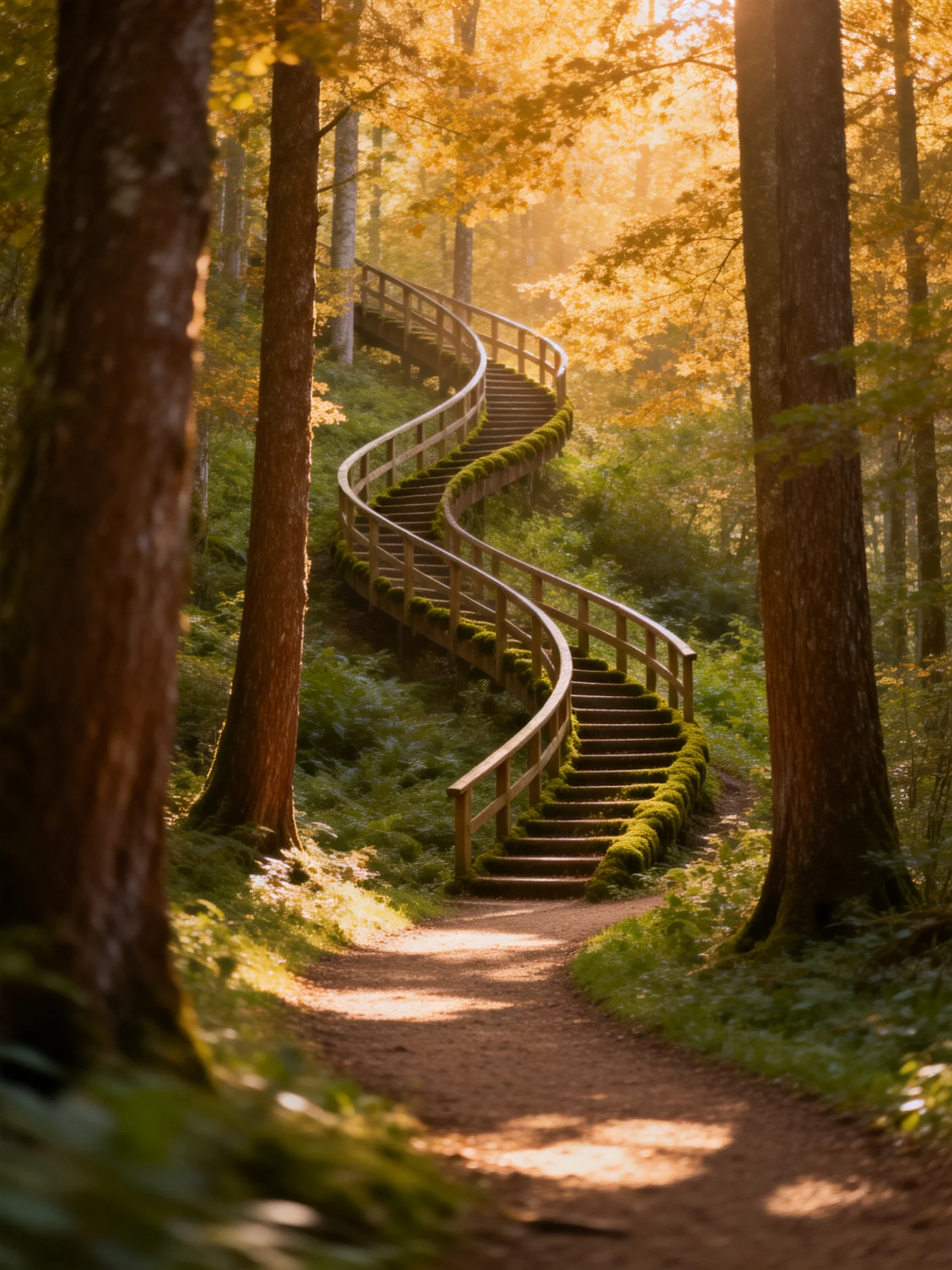 A winding wooden staircase with moss winds through a golden forest