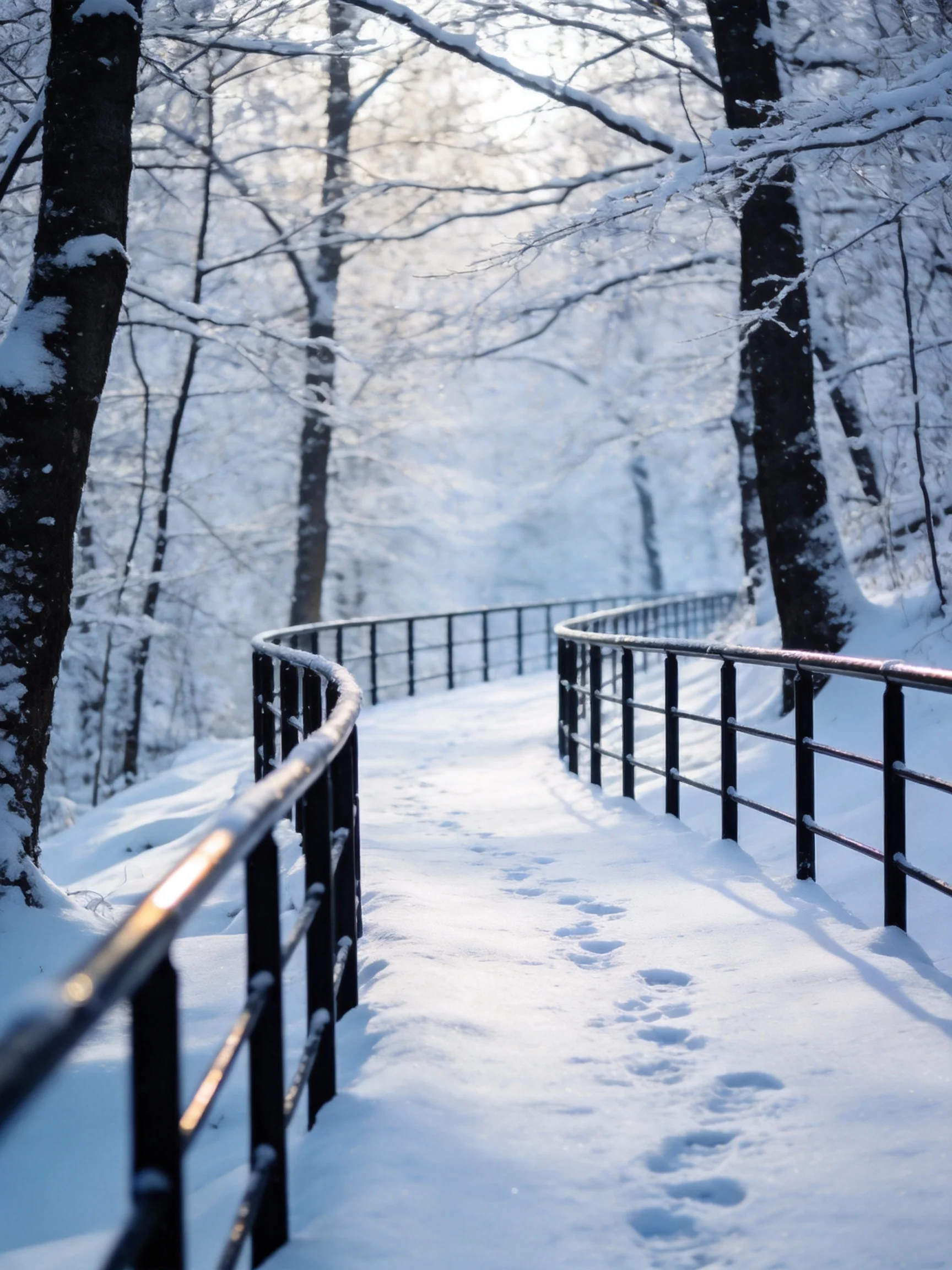 A windinginding Snow - Covered Path Through a Frosty Forest with Dark Railings