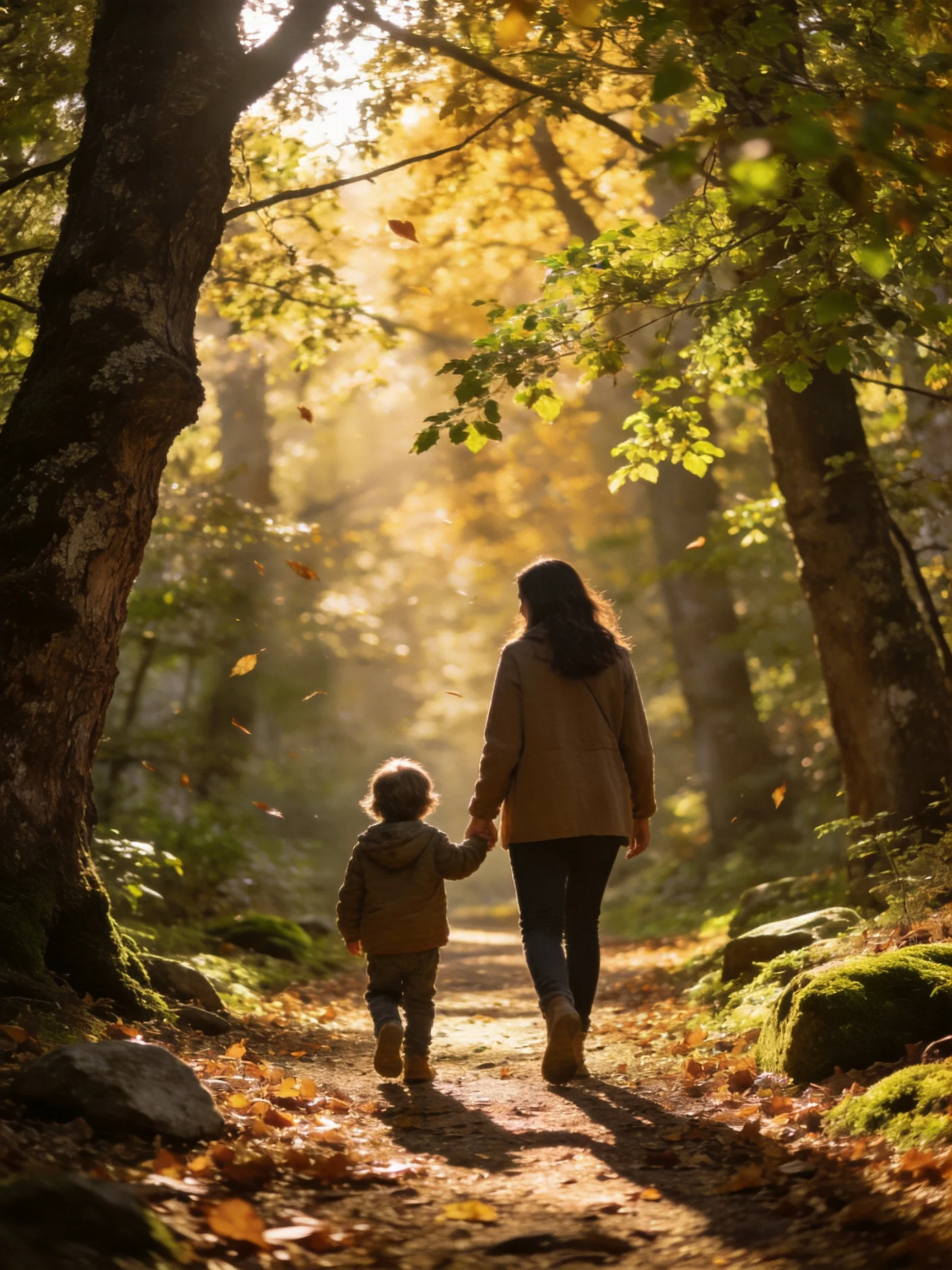 A woman and child walk hand - in - hand along an autumn forest path
