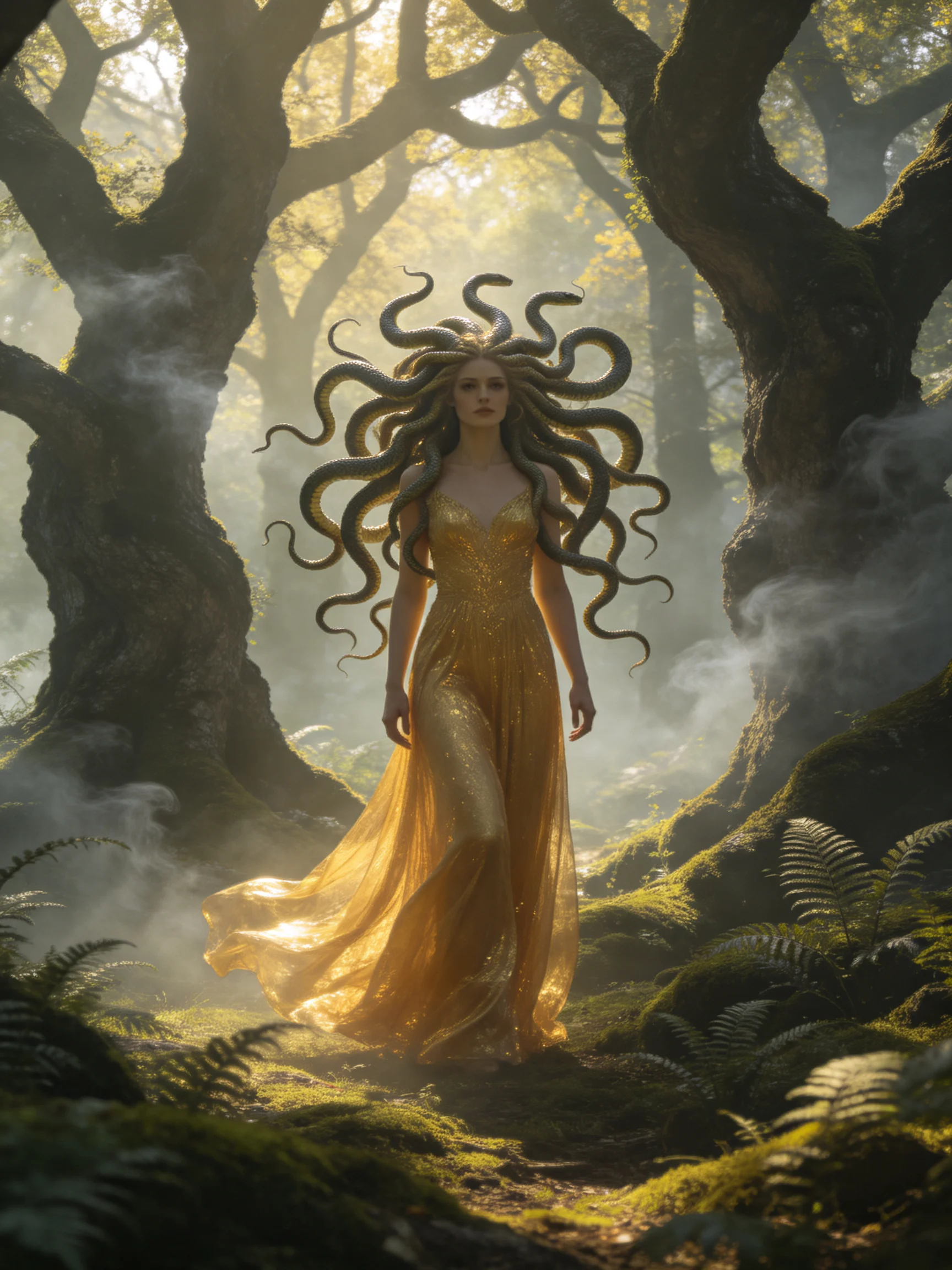 A woman in a golden gown with serpentine hair in an enchanted forest