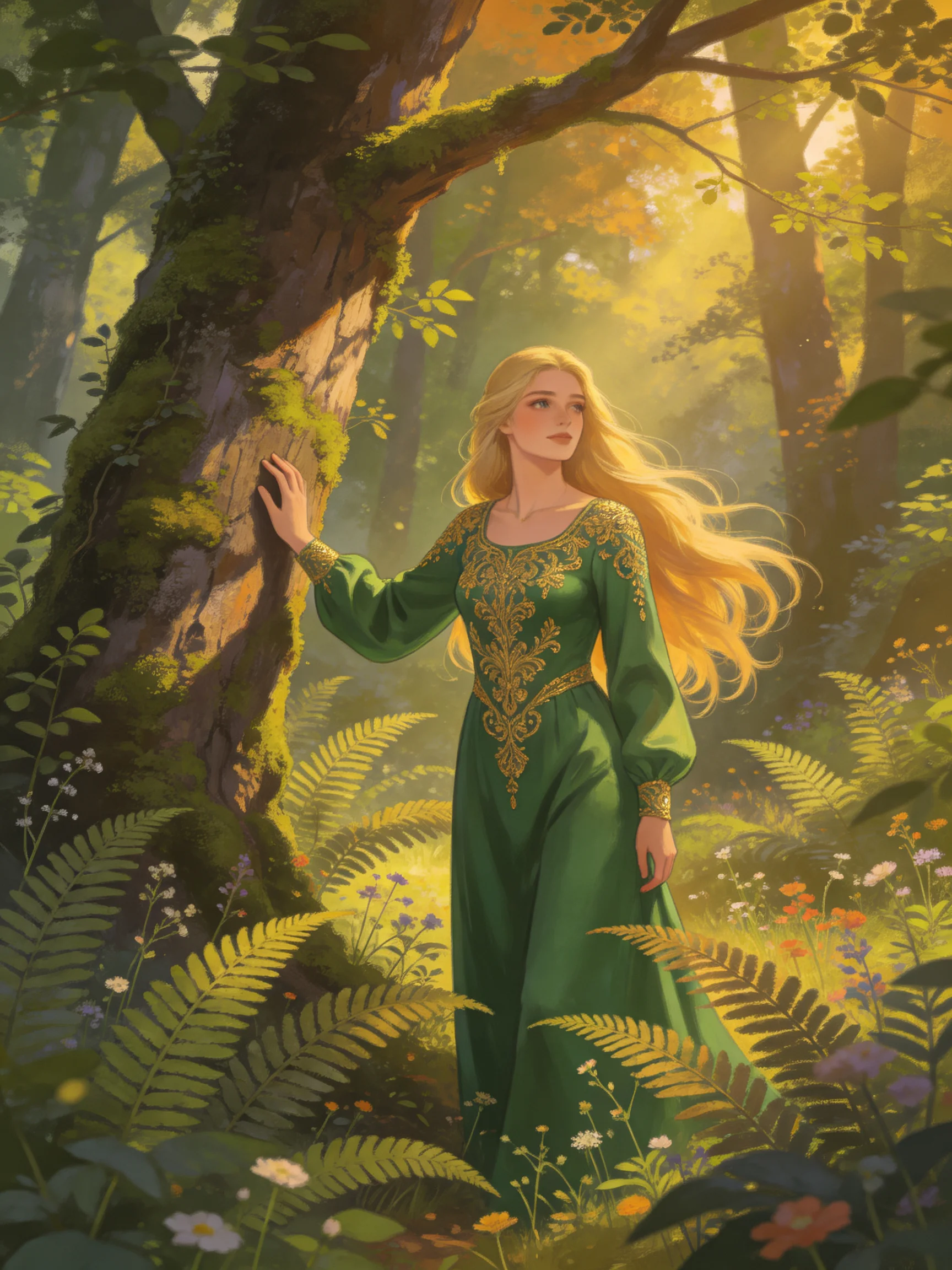 A woman in a green embroidered gown stands among sun-drenched, moss-covered trees