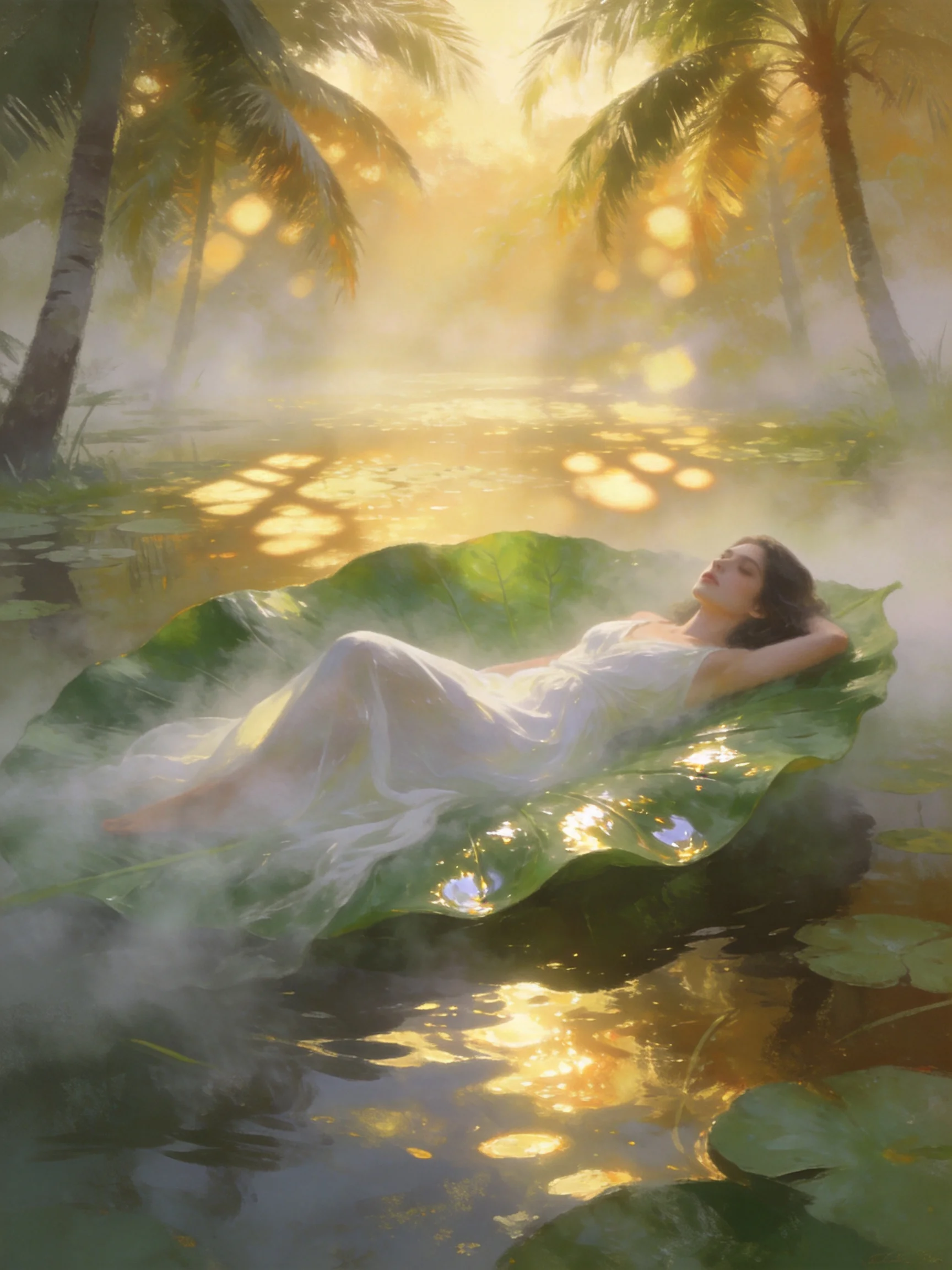 A woman in a white dress reclines on a giant leaf in misty tropical waters