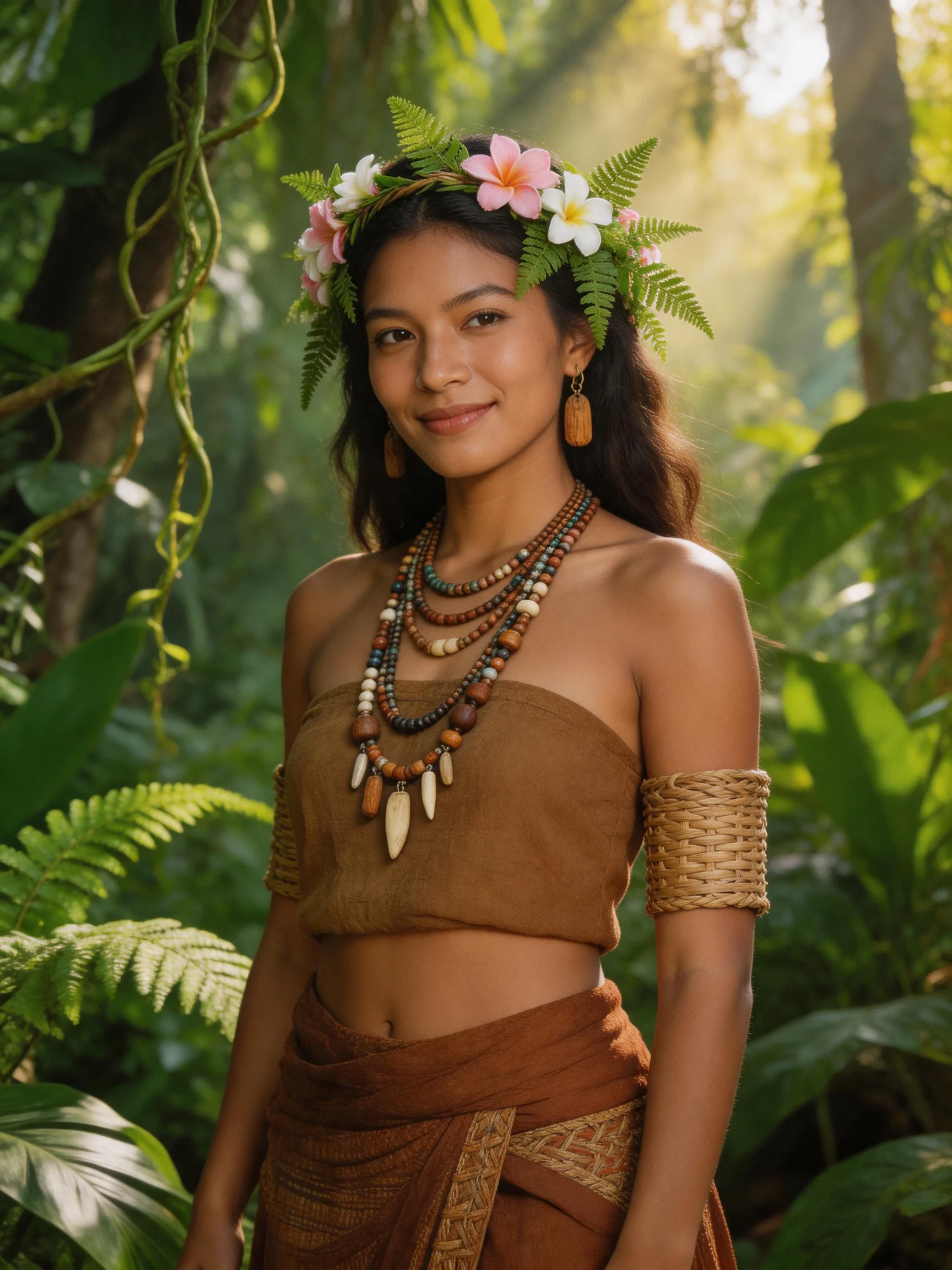 A woman in earth-toned attire standing in a sunlit jungle