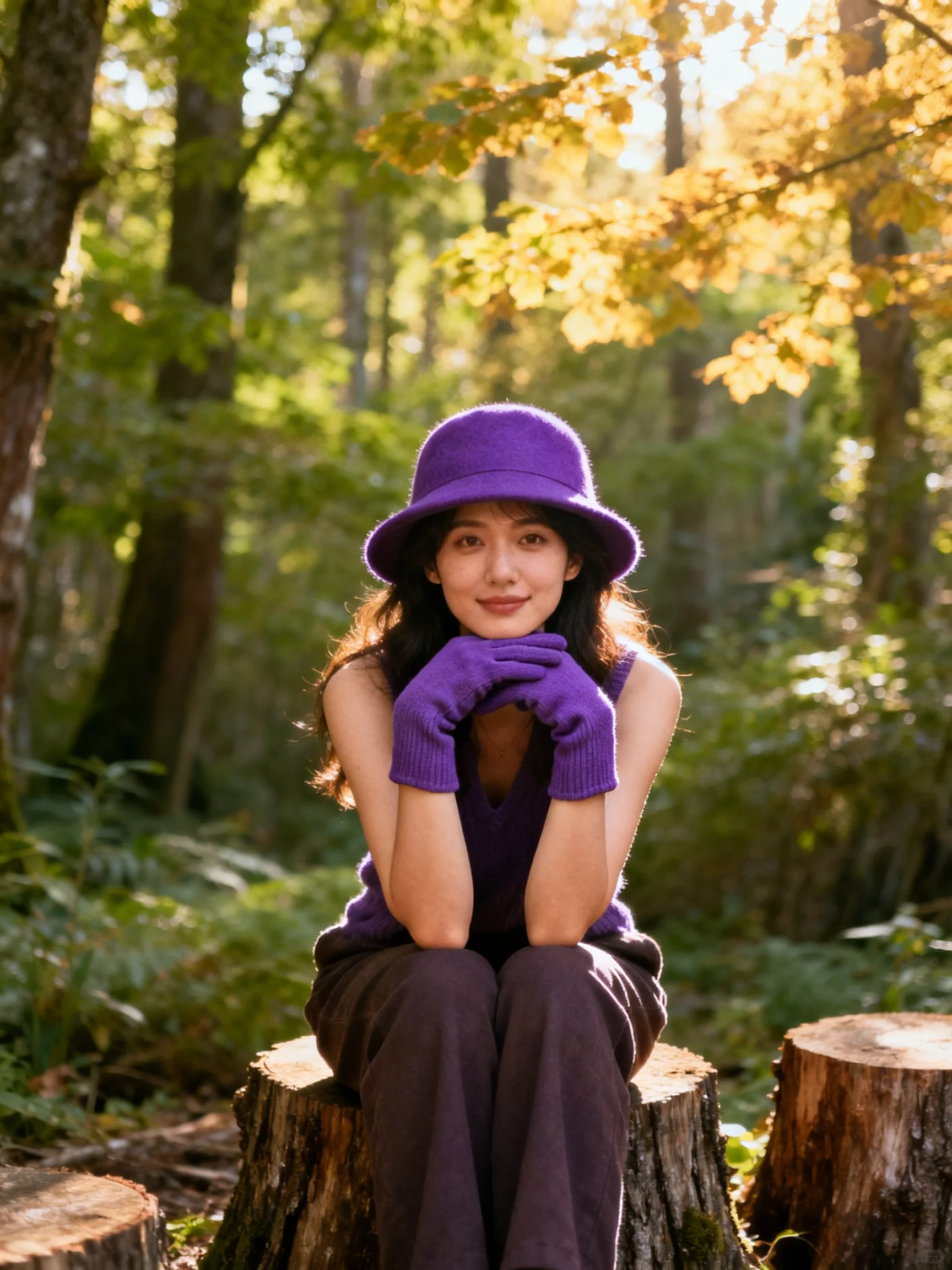 A woman in purple attire sits on a tree stump in a sunlit forest